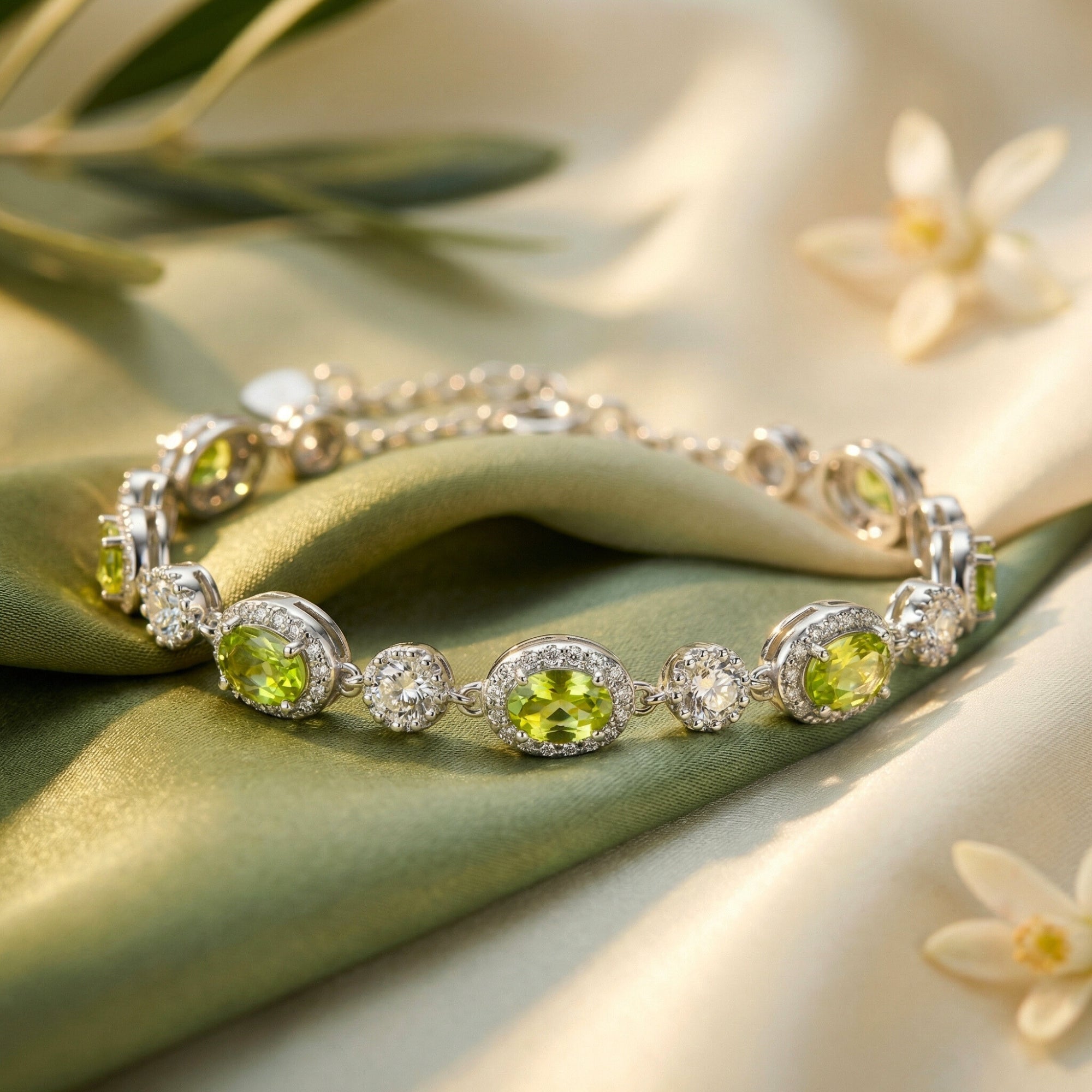 Calianna oval-cut natural peridot bracelet in S925 sterling silver, styled on green silk with olive leaves.