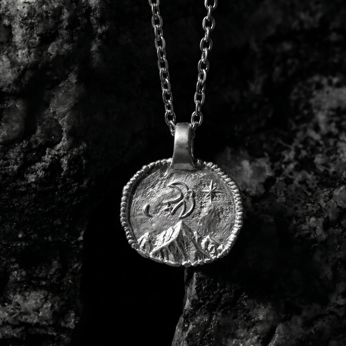 Front view of the silver swallow medallion pendant with a bird, star, and mountain motif on its chain.