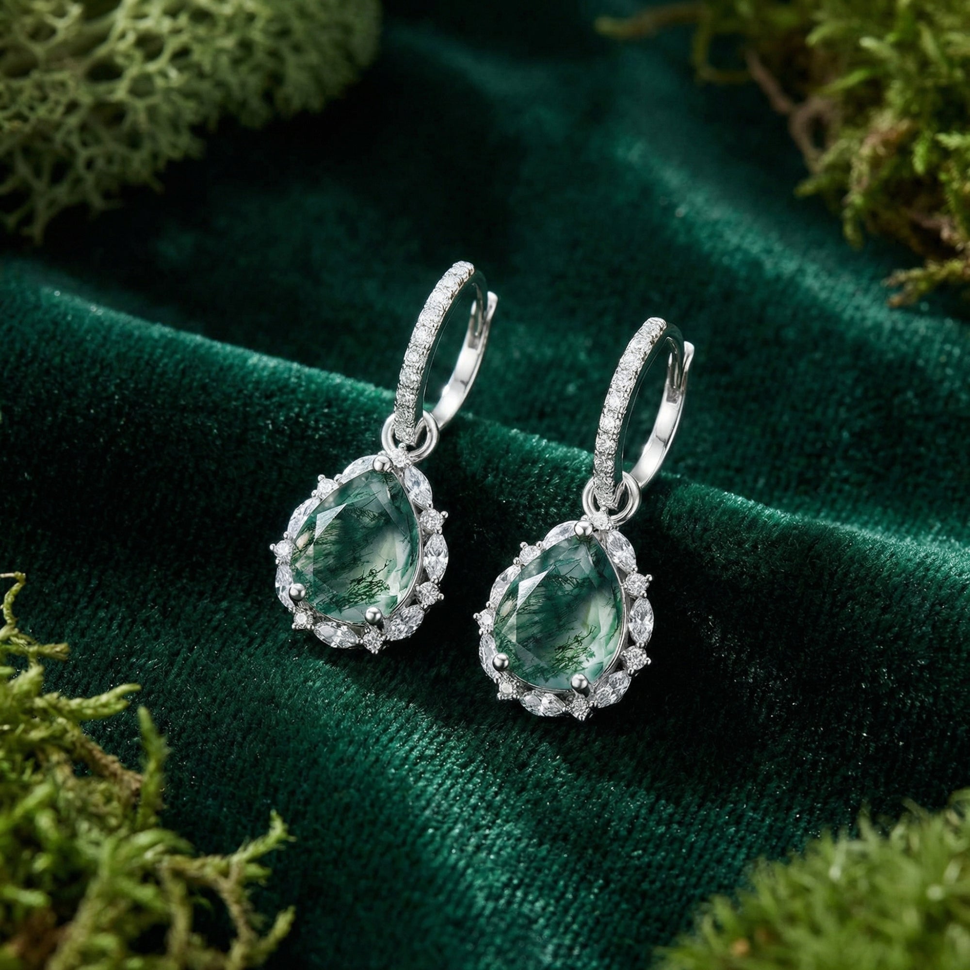 Teardrop Halo Natural Moss Agate Leverback Earrings - S925 Sterling Silver