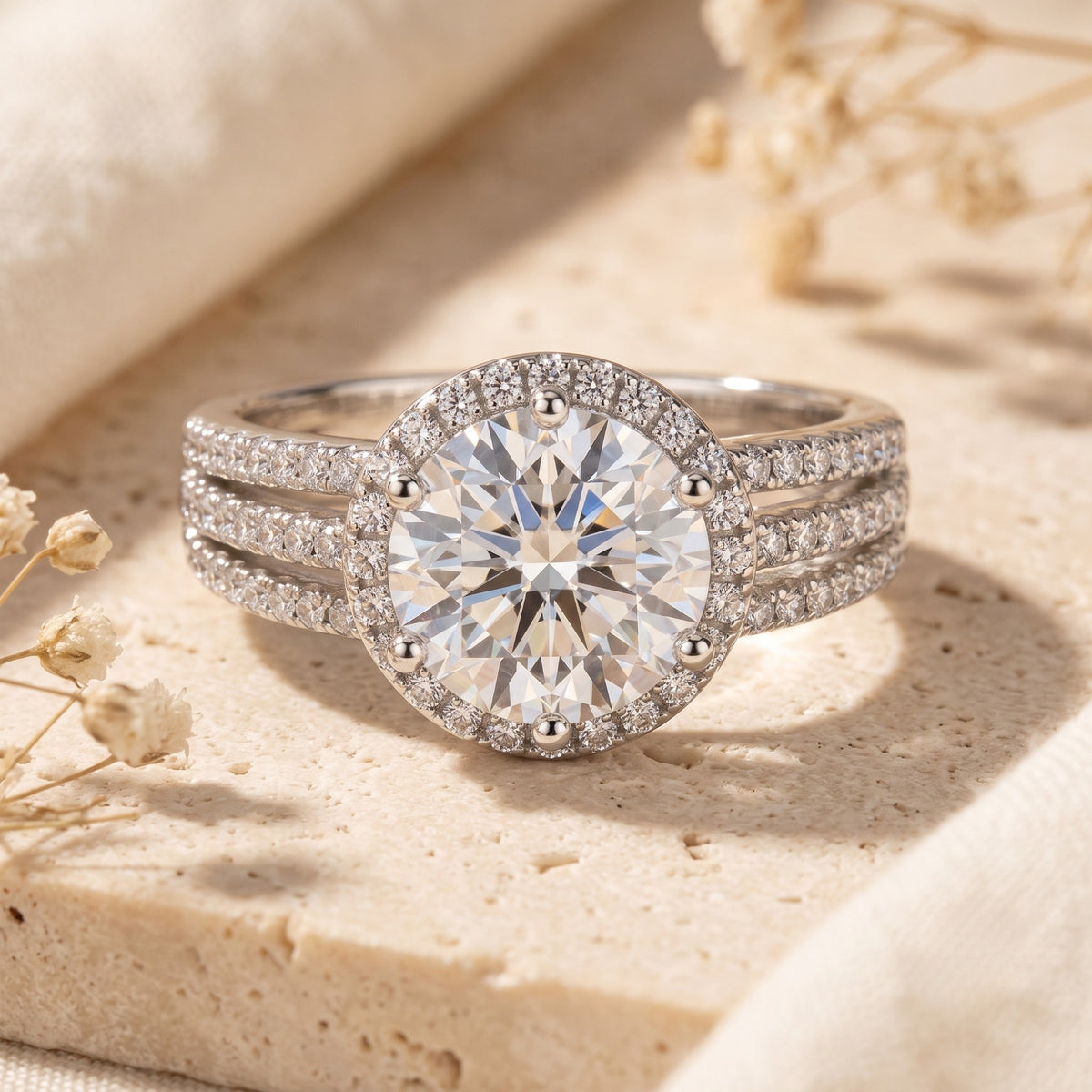 Front view of a silver halo ring with a large round clear stone and three rows of pavé stones, displayed on a stone slab.