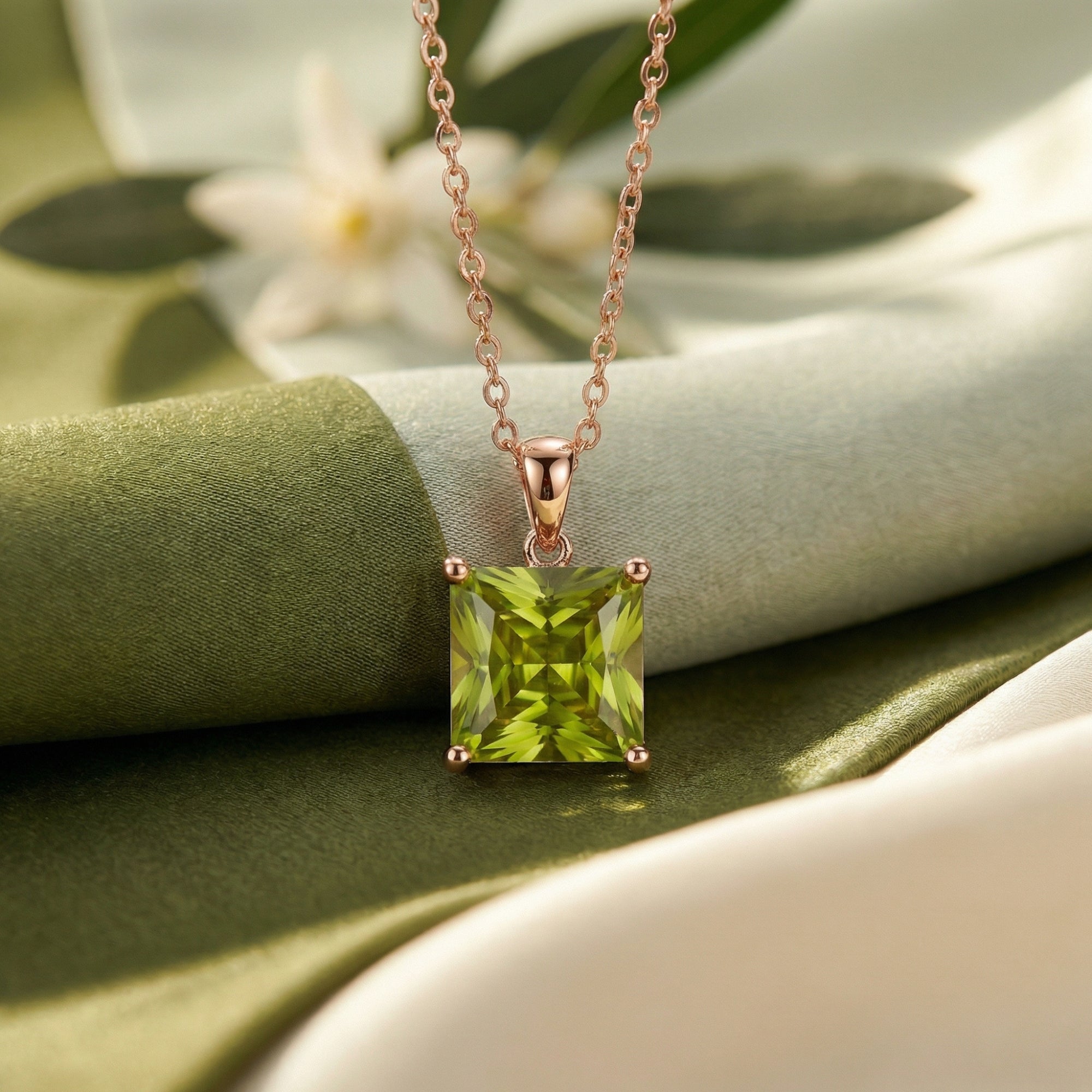 Princess cut natural peridot necklace in 18K rose gold vermeil styled on green silk fabric with a white flower.
