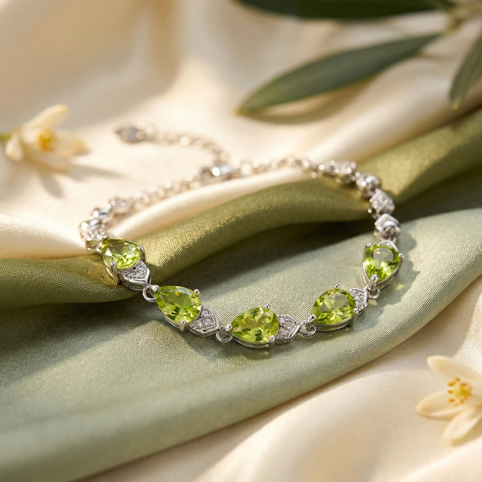 Five pear-cut green peridot gemstones on a sterling silver station bracelet, styled on green and cream silk fabric.
