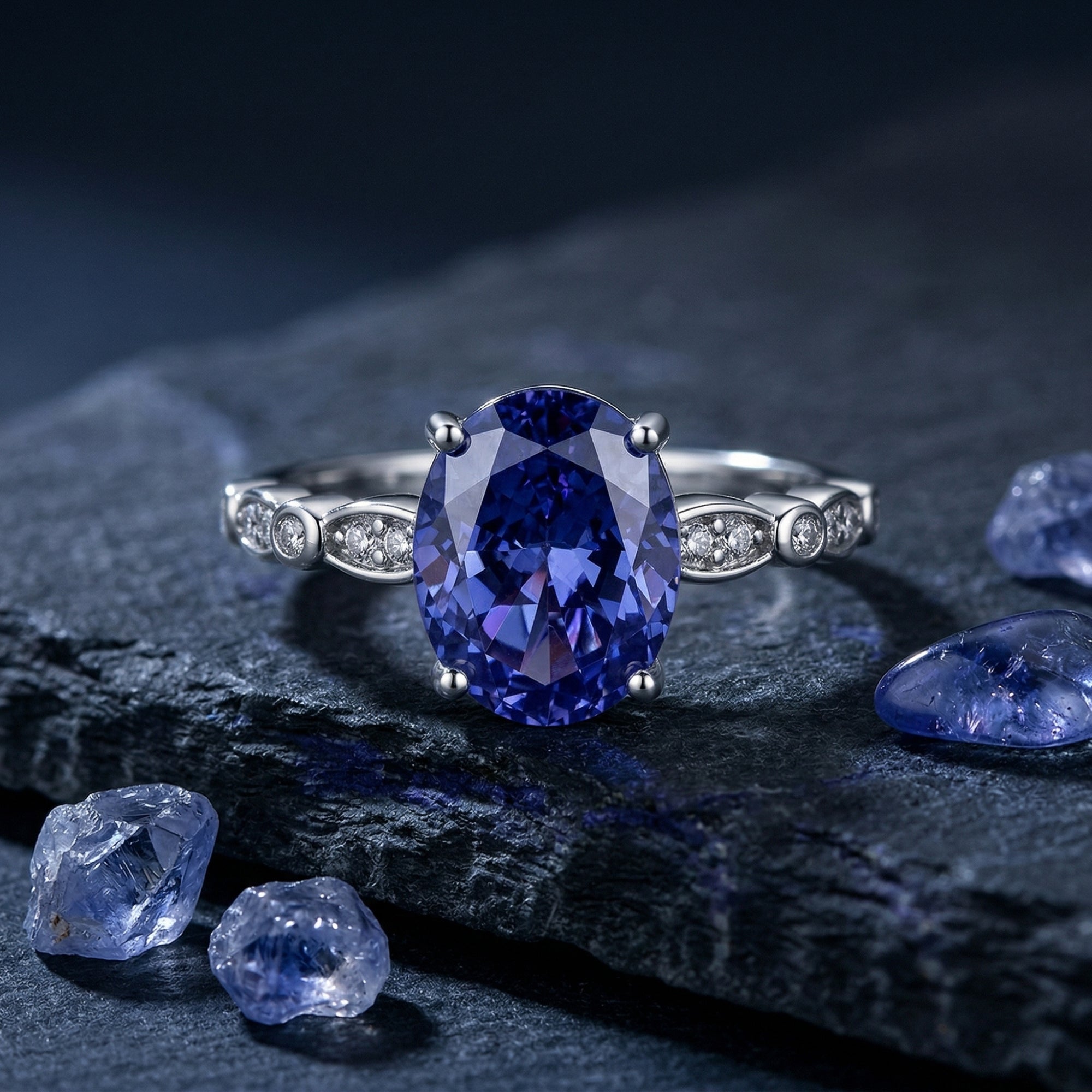 Oval cut tanzanite ring in sterling silver with zircon accents on a dark stone background with raw gemstones.