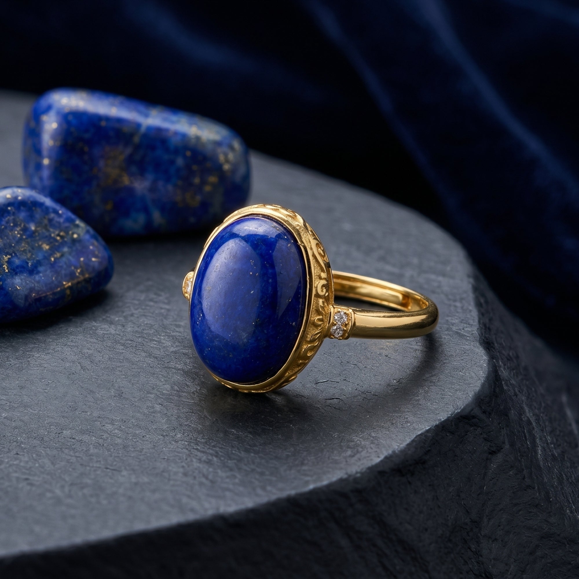 Oval lapis lazuli ring in yellow gold plating, styled on a dark stone surface with raw lapis lazuli gemstones.