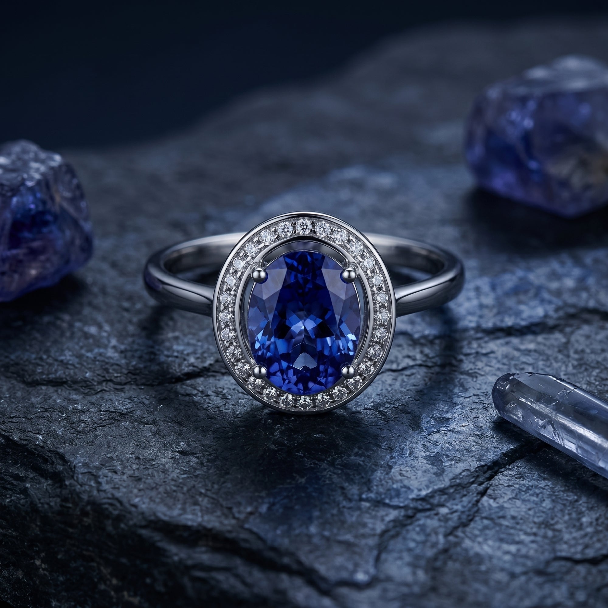 Oval natural tanzanite halo ring in 18K white gold displayed on a dark rock with raw gemstones.