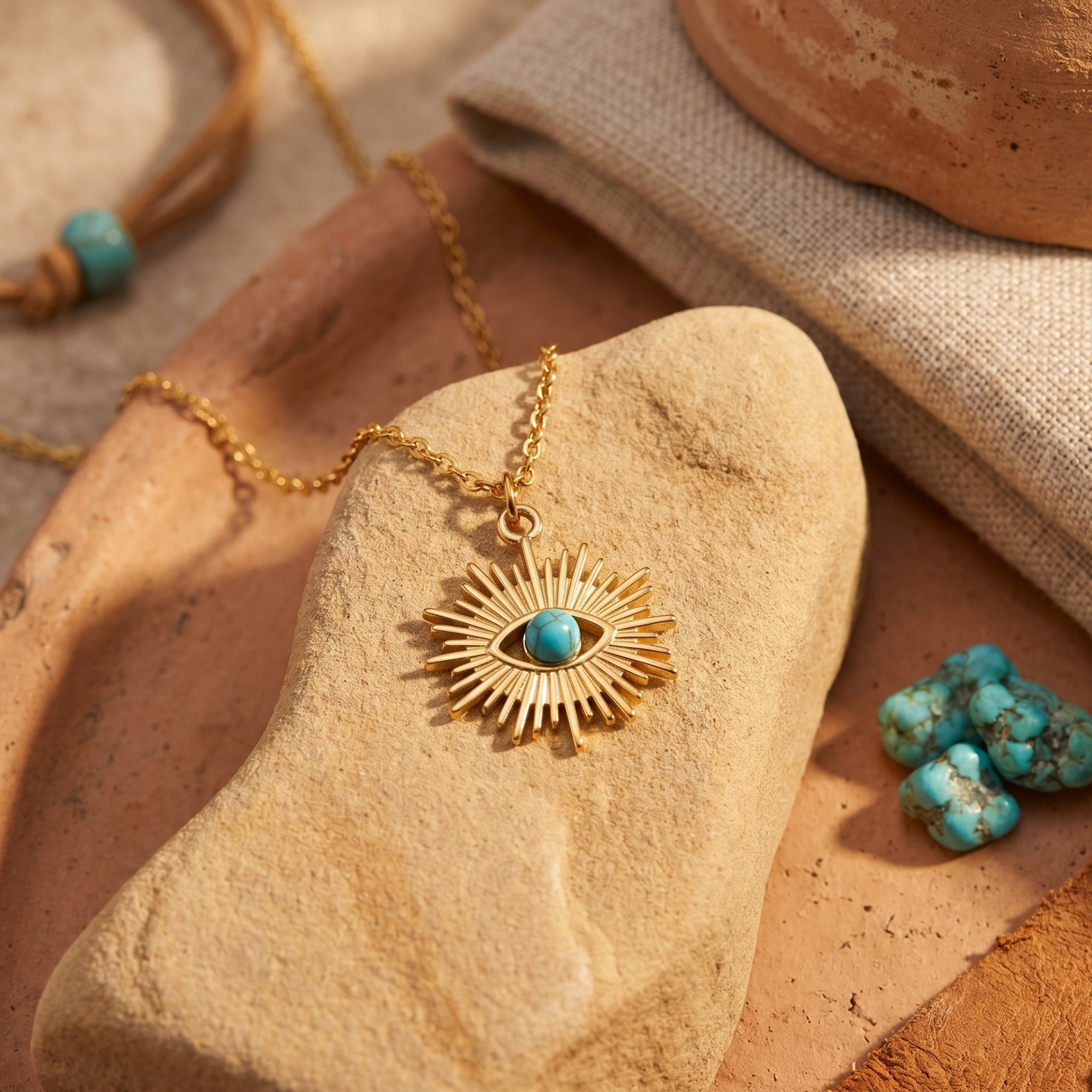 Gold finish stainless steel sunburst necklace with a round turquoise stone on a desert rock lifestyle background.