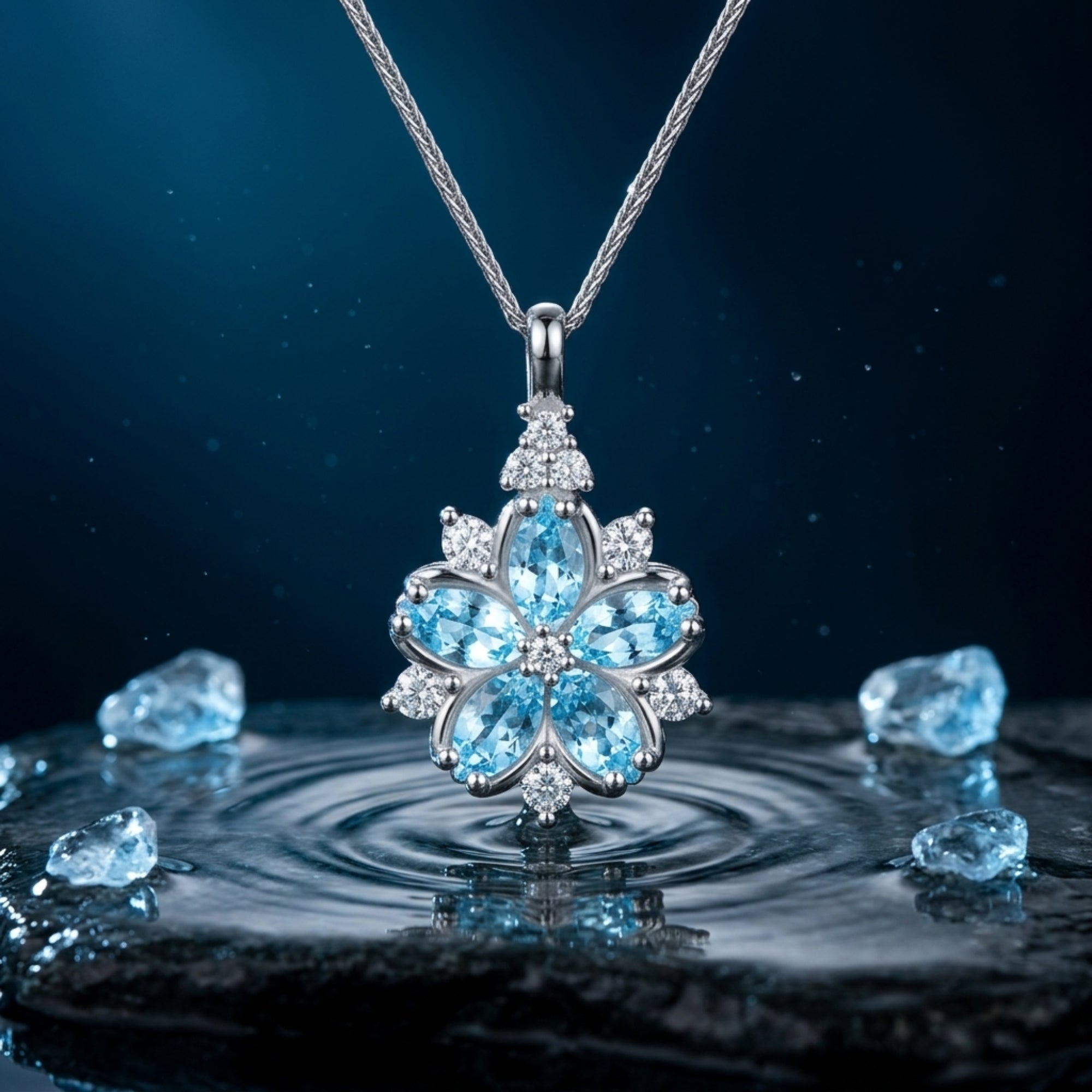 White gold Melita Blossom necklace with marquise cut aquamarine stones touching water ripples in a lifestyle shot.