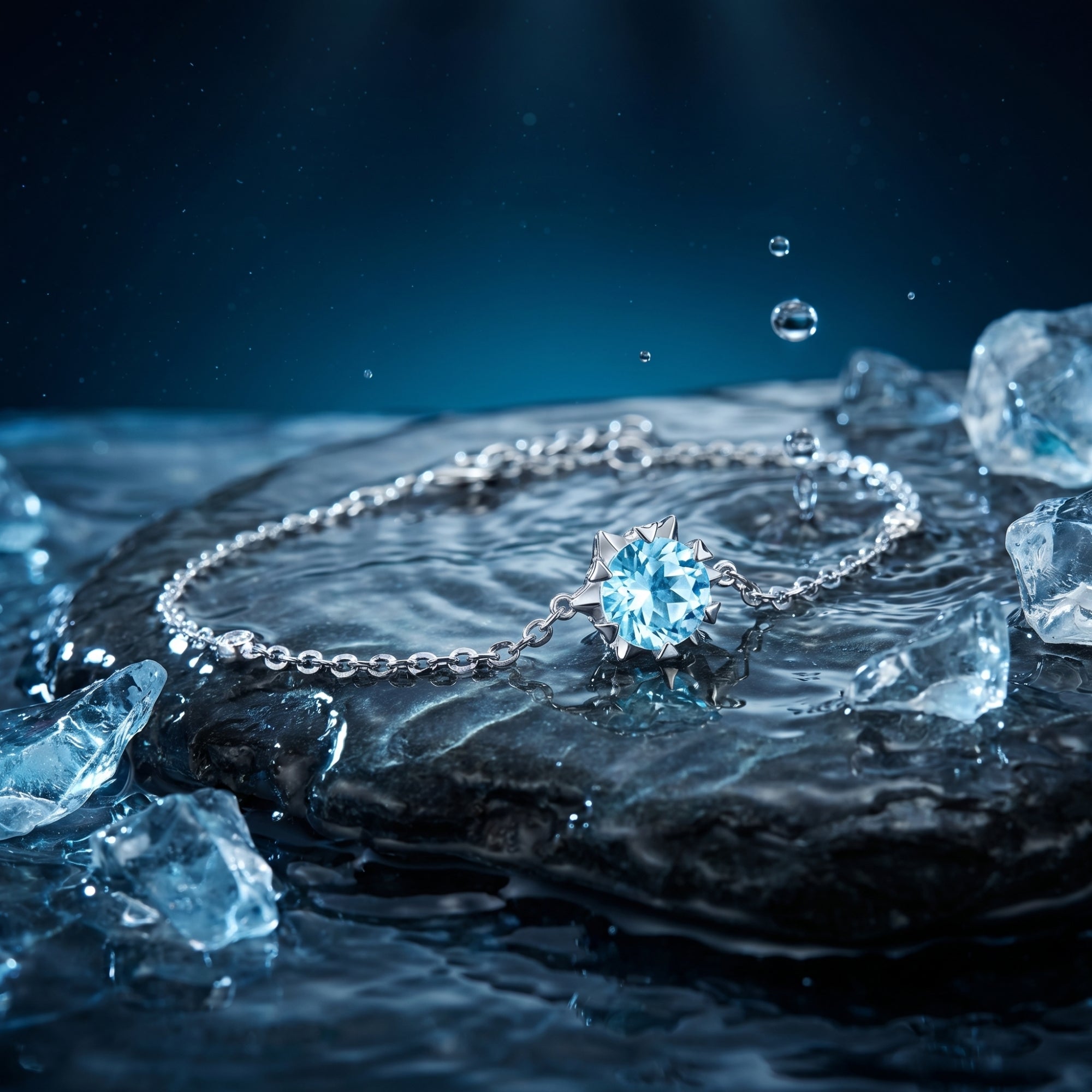 Round cut natural aquamarine station bracelet in platinum on a wet stone with ice and water splashes.