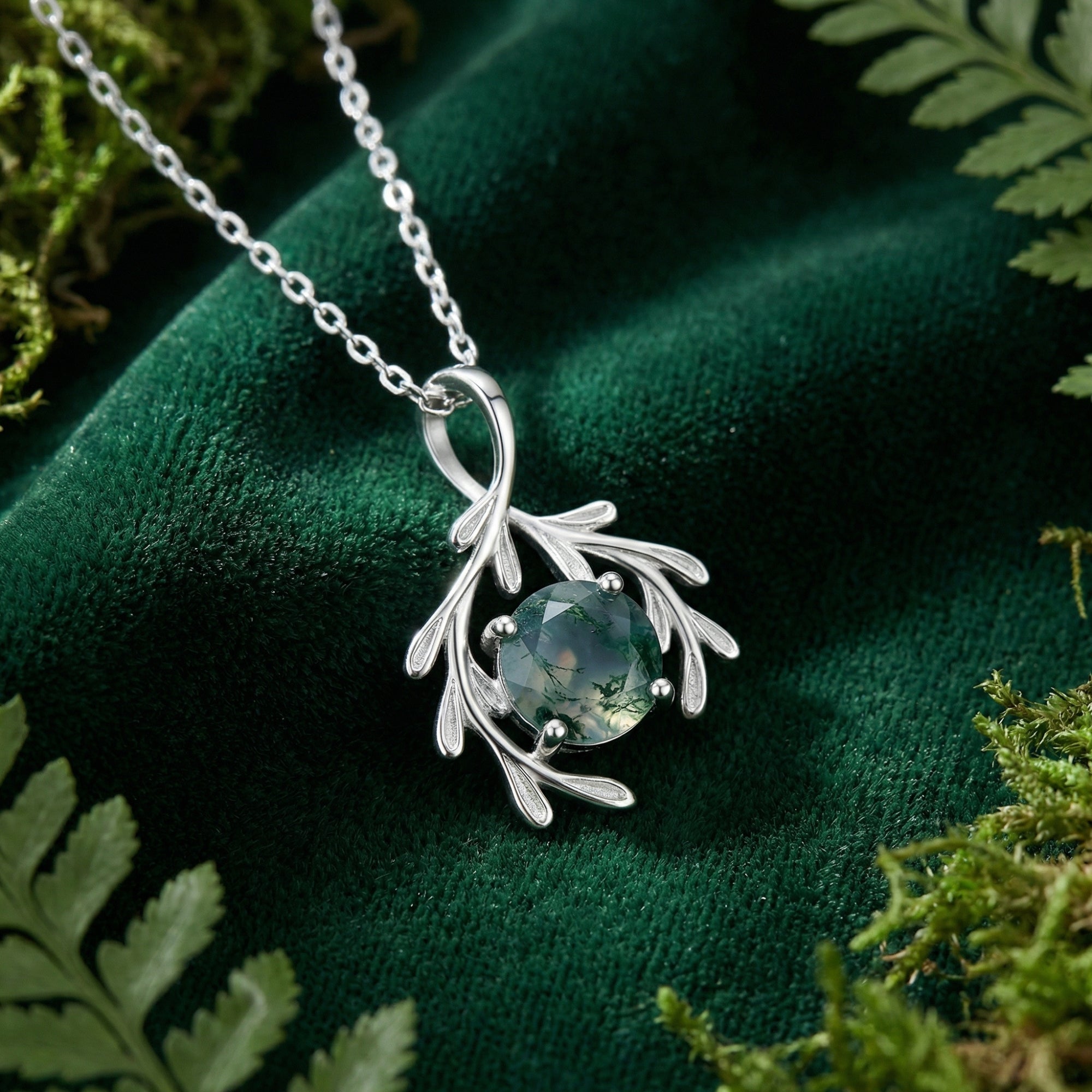 Botanical Embrace Natural Moss Agate Pendant Necklace - S925 Sterling Silver