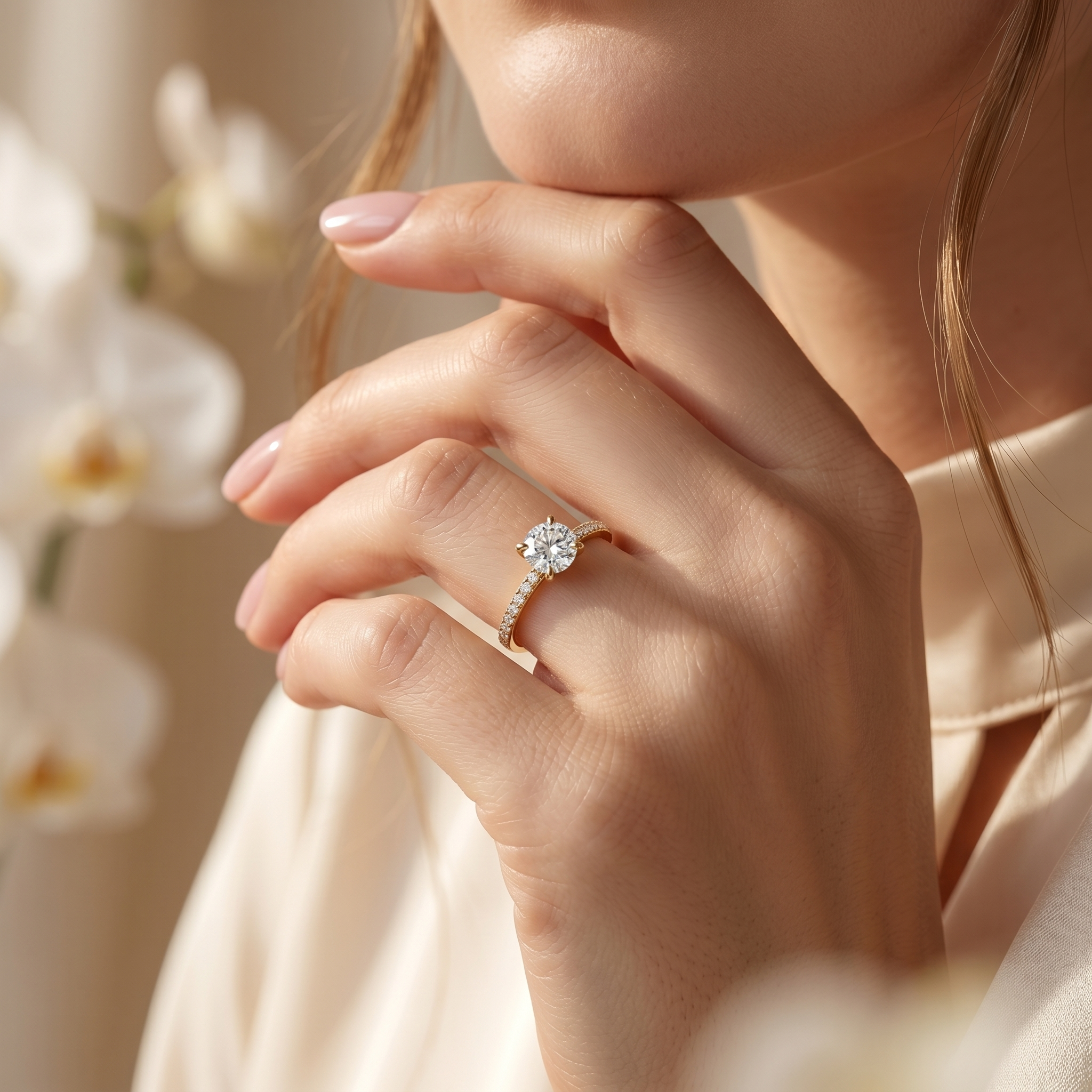 A round-cut moissanite ring in yellow gold worn elegantly on a model's hand.