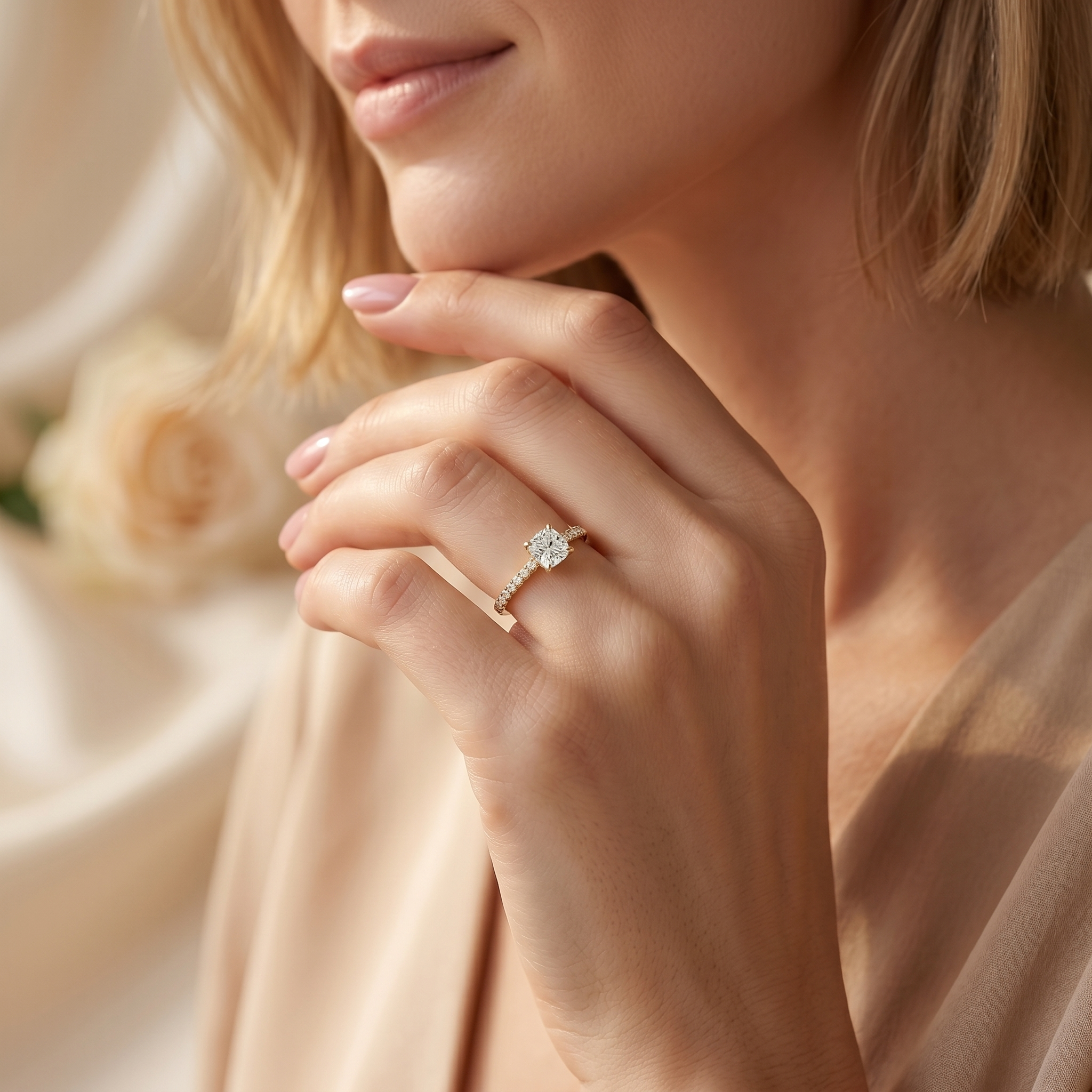 A close-up of a model wearing a yellow gold cushion-cut moissanite engagement ring on her finger.