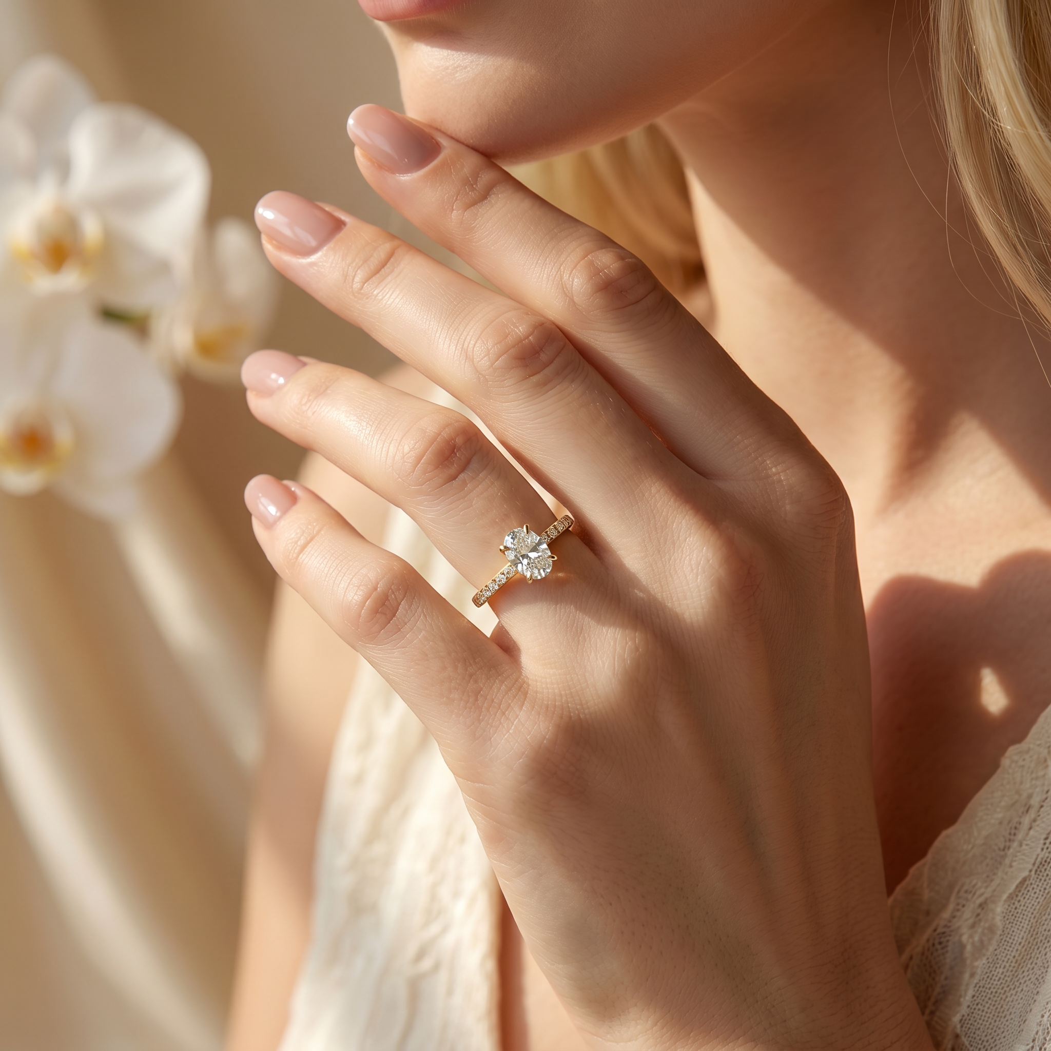 A close-up view of a woman's hand wearing an oval-cut moissanite engagement ring in yellow gold, showing off its classic pavé band.