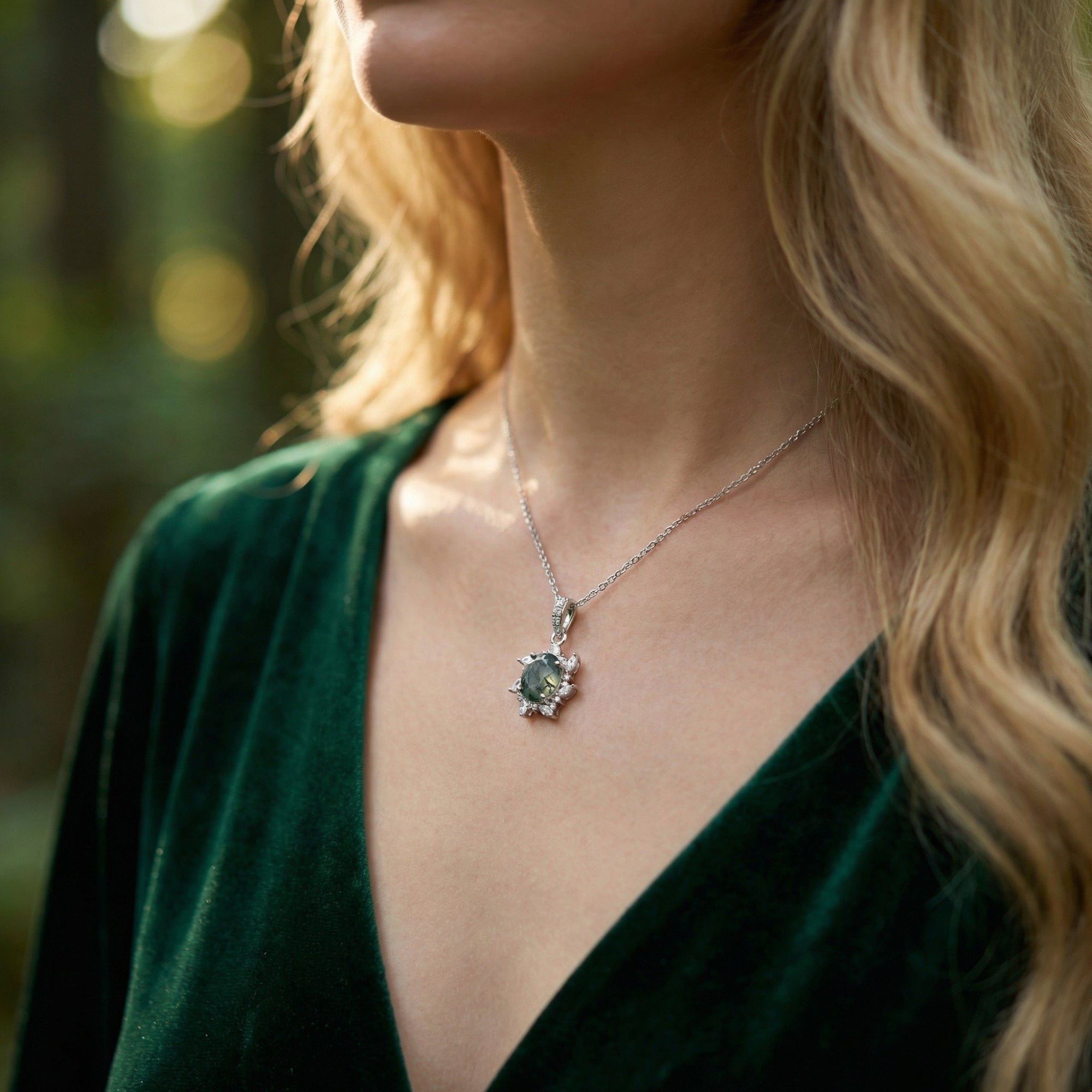 Model wearing the starburst natural moss agate necklace in sterling silver with a green velvet dress.