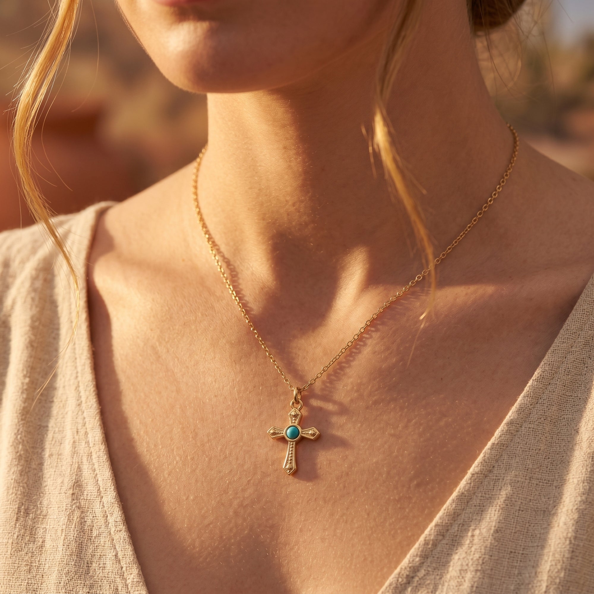 Model wearing the 18K gold finish Cimarron turquoise cross necklace, showcasing its length and bohemian style.
