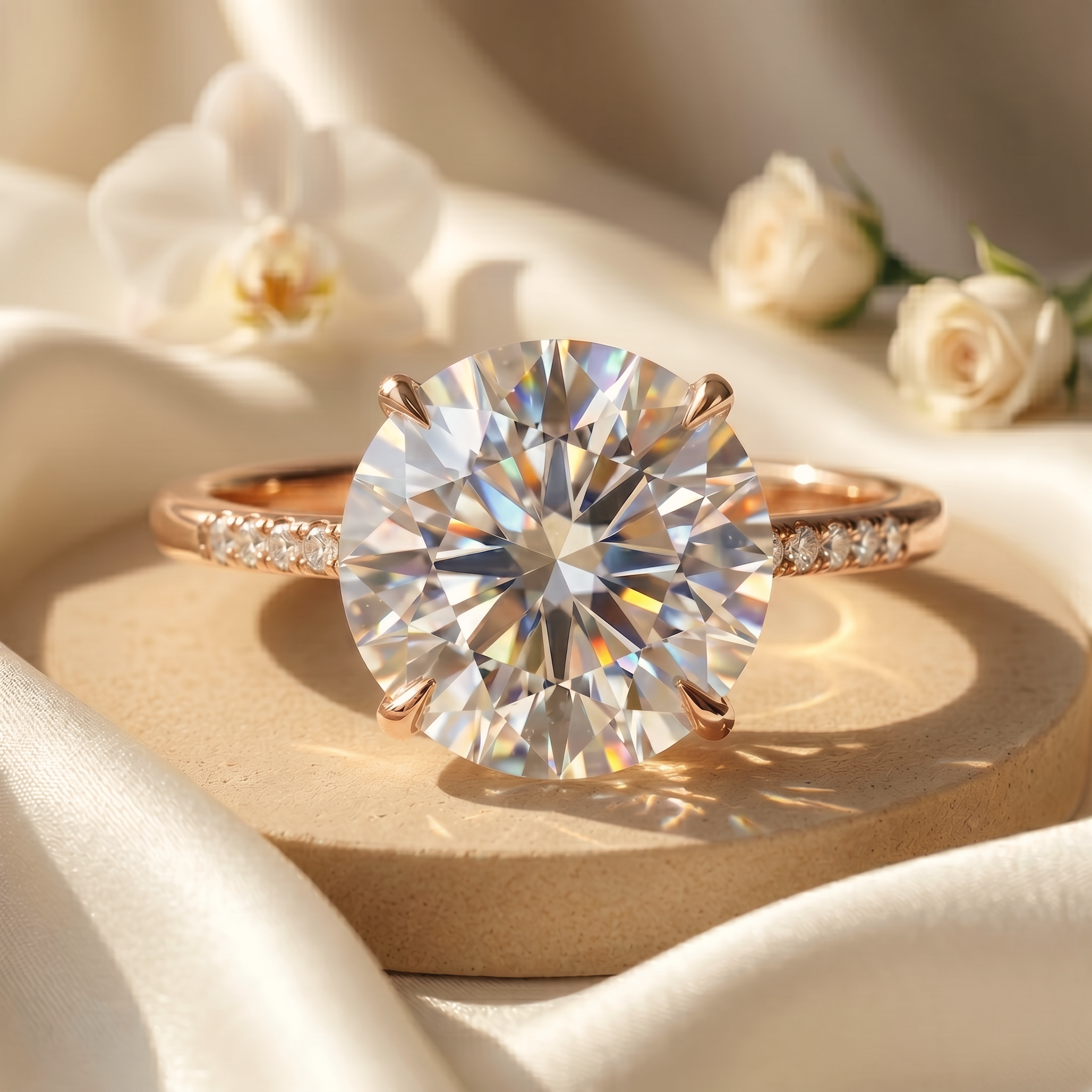 A brilliant round-cut moissanite solitaire engagement ring with a pavé band in rose gold, resting on a neutral stone platform.