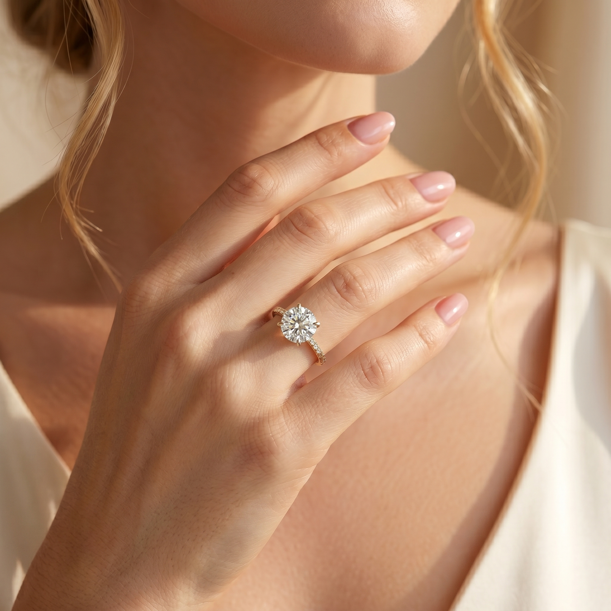 A close-up of a woman's hand showcasing a brilliant round moissanite ring on a yellow gold band with diamond accents.