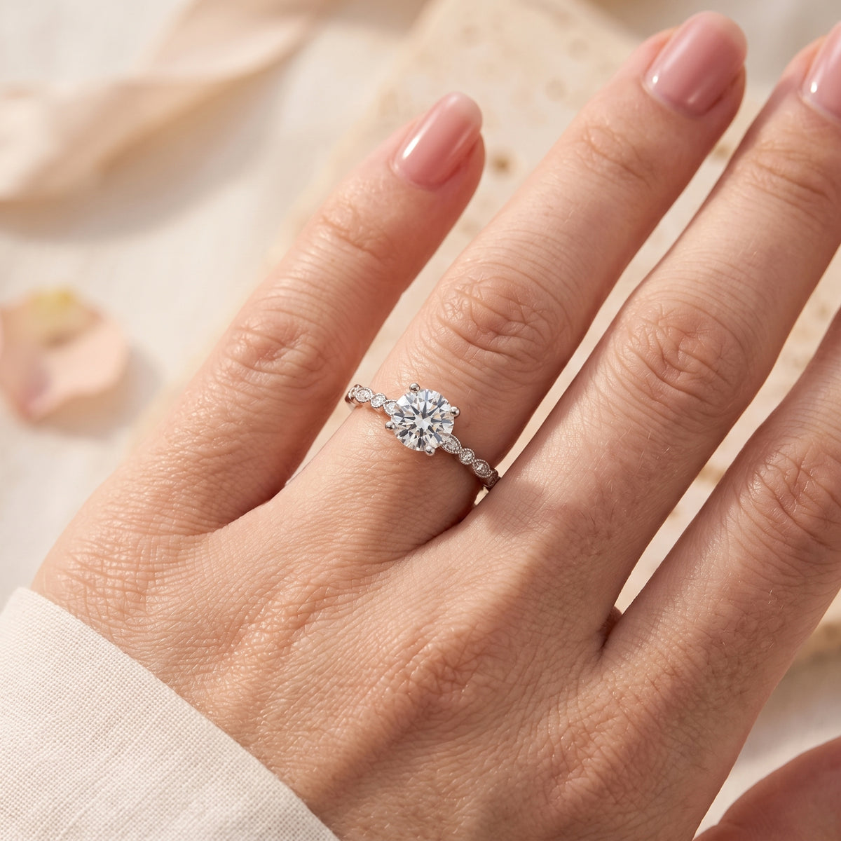 Sterling silver promise ring with round cubic zirconia center stone worn on a woman's hand.