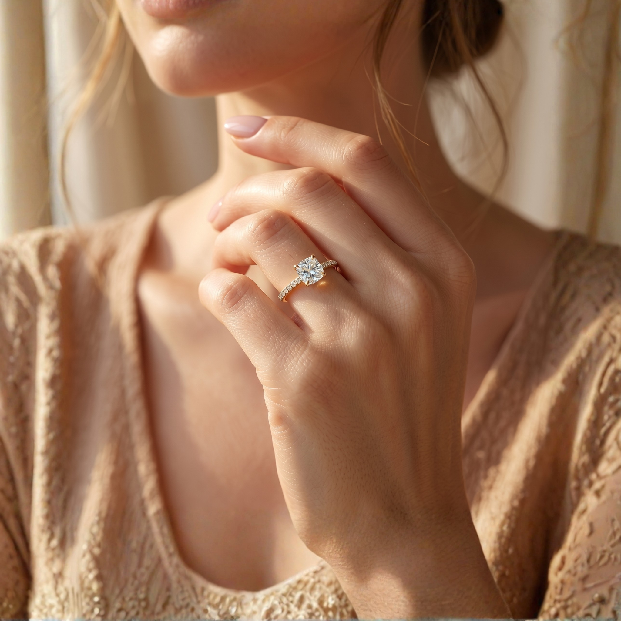 Close-up of a woman's hand wearing a cushion cut moissanite engagement ring in yellow gold.