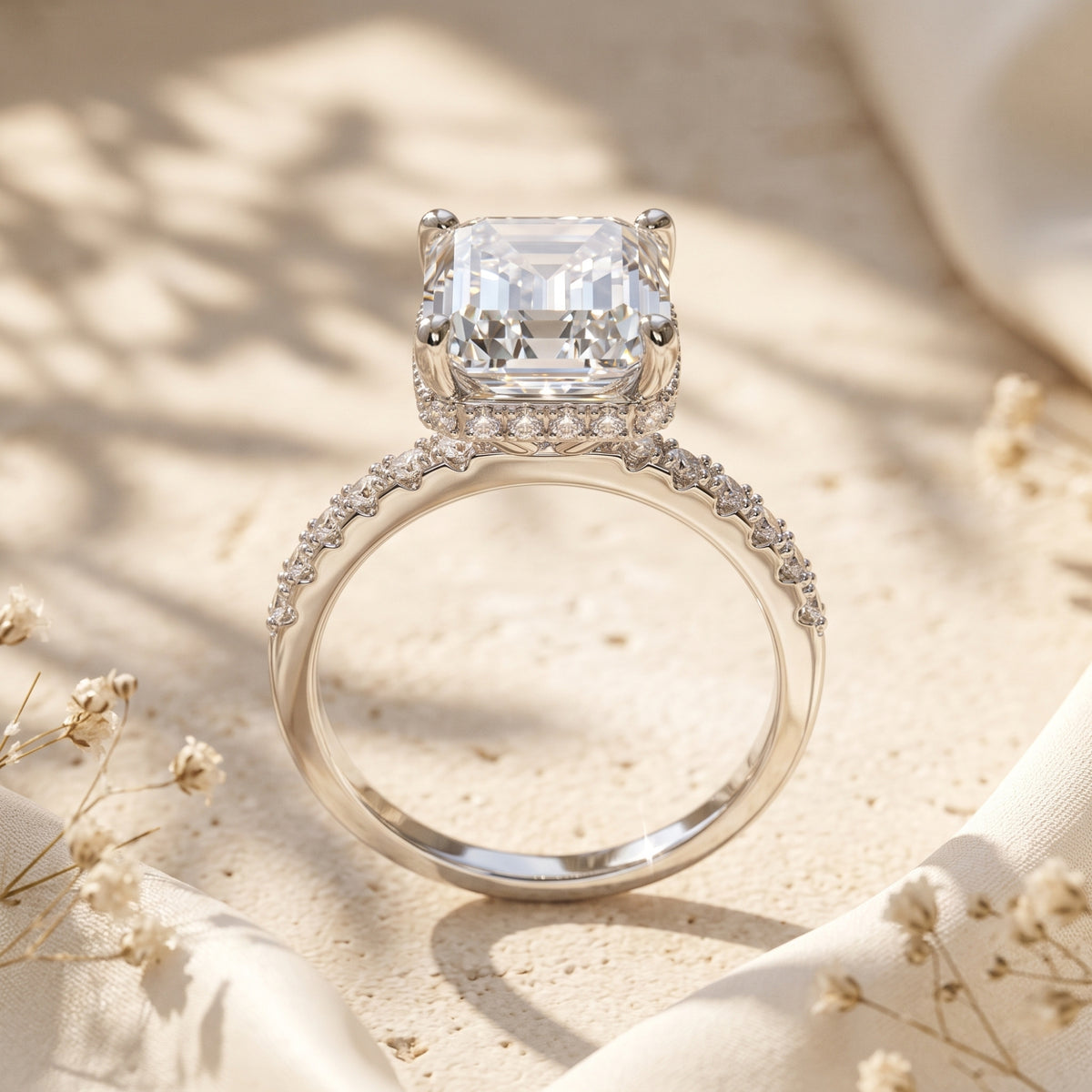 Upright ring on a textured surface, showing the clear emerald-cut stone, four-prong setting, and pavé shank.