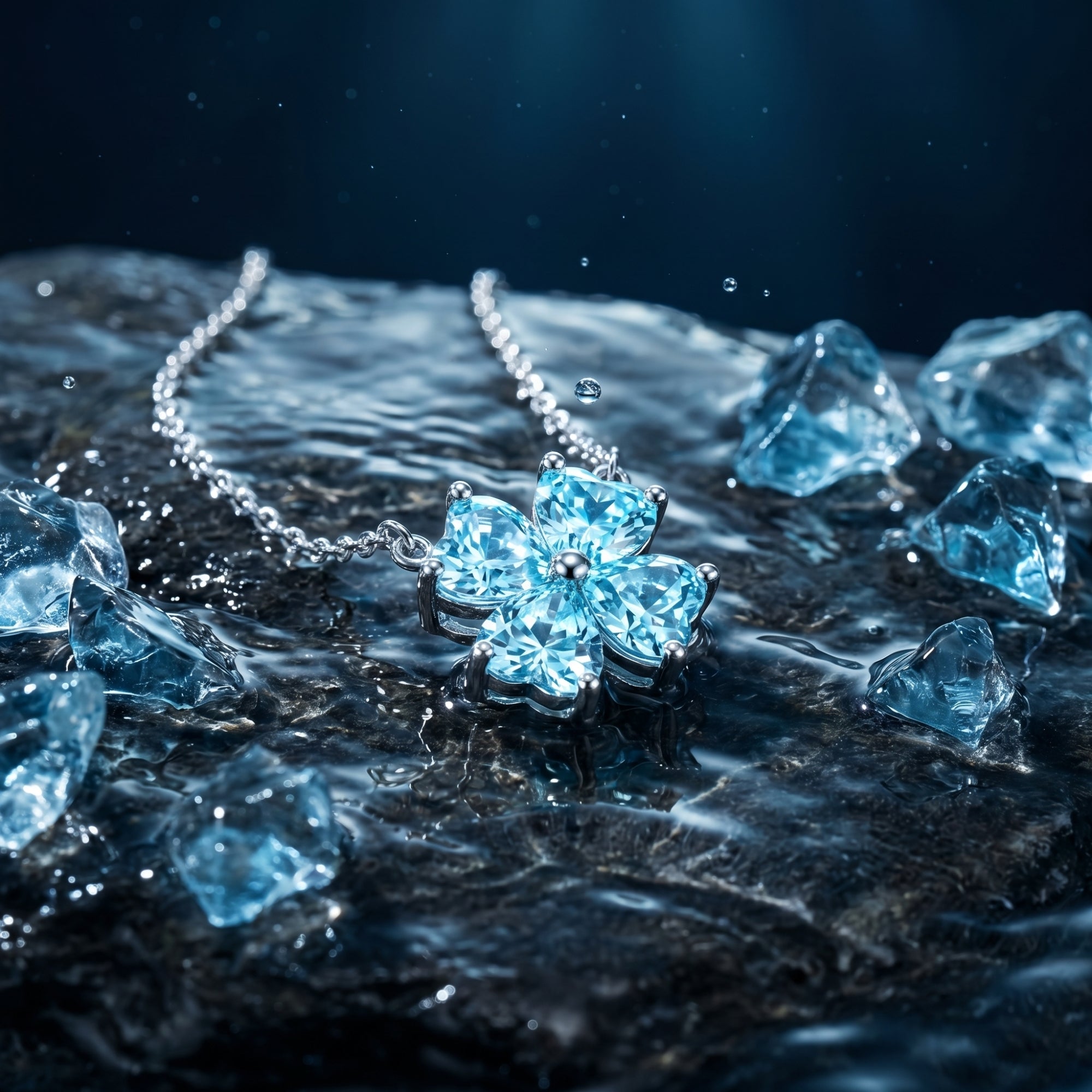 Detailed view of heart-cut aquamarine stones in a platinum clover setting on a dark, wet surface.