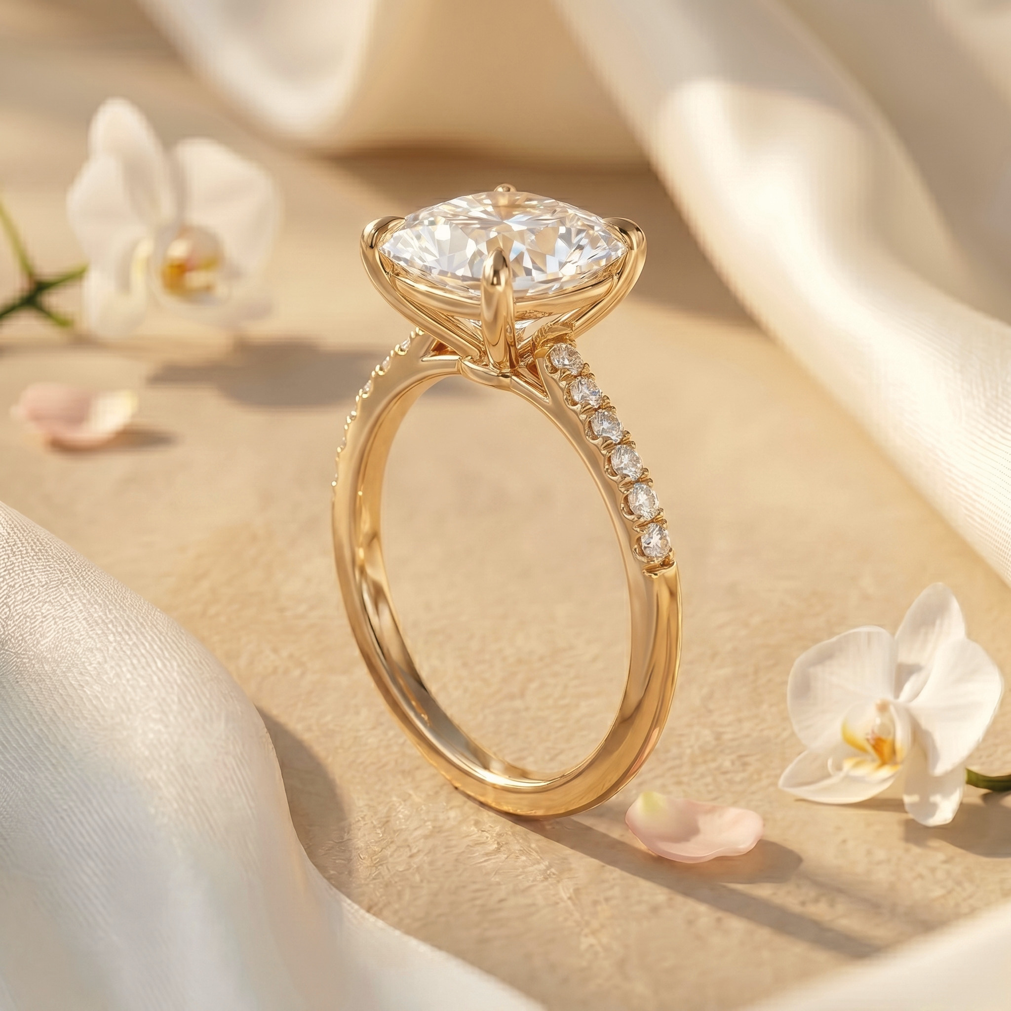 Side profile view of a yellow gold cushion-cut moissanite ring showing the elegant setting and diamond-encrusted band.