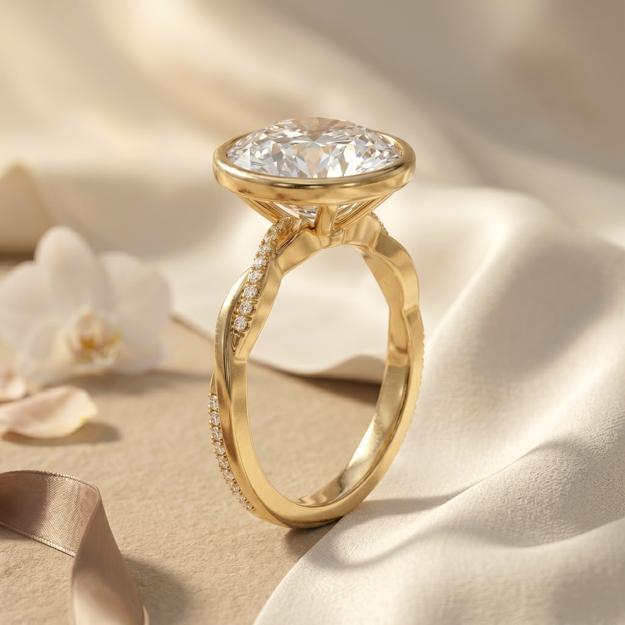 A side profile view of a yellow gold round-cut moissanite bezel engagement ring showing the twisted pavé band.