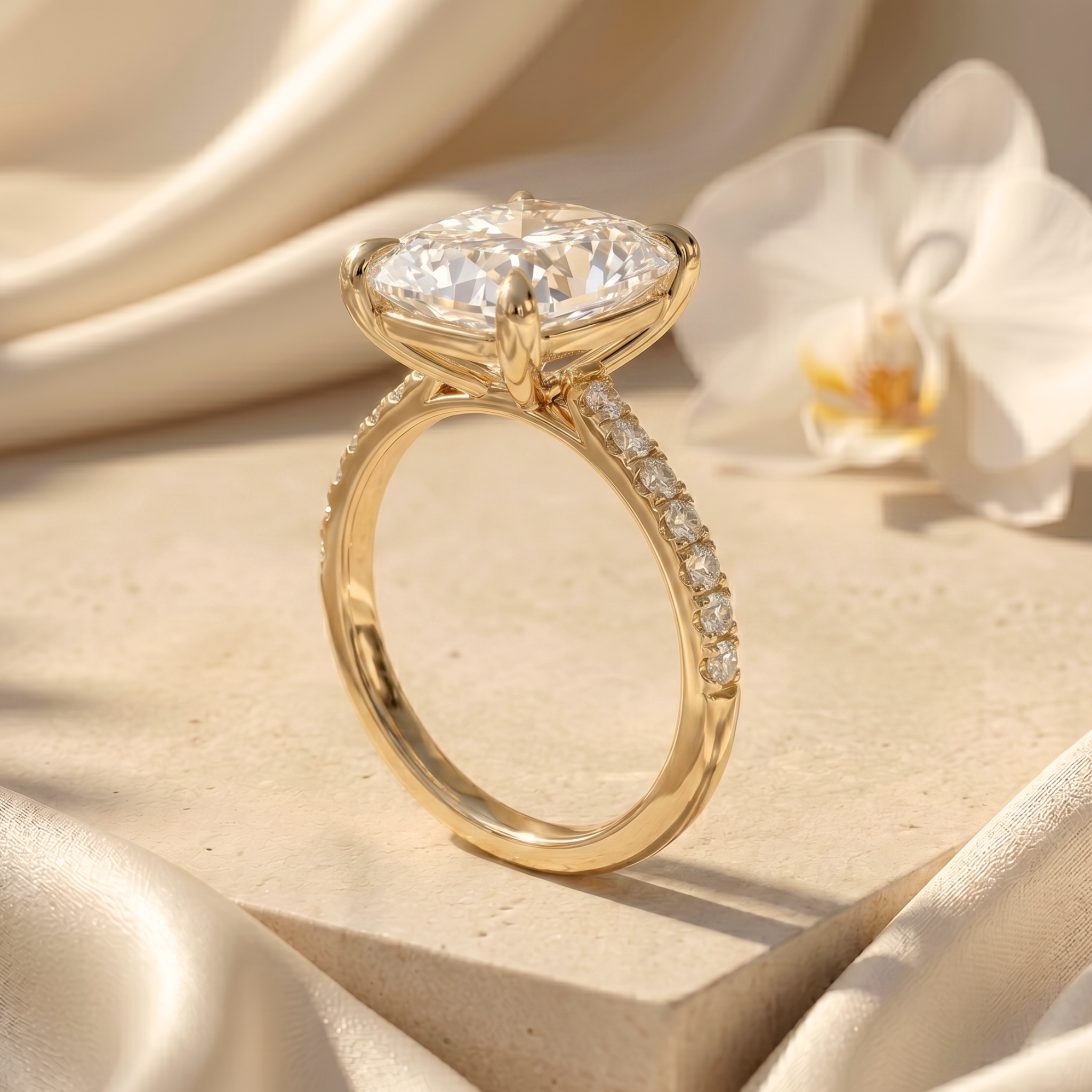 Profile view of a gold cushion-cut moissanite ring displaying the intricate prong setting and pave band details.
