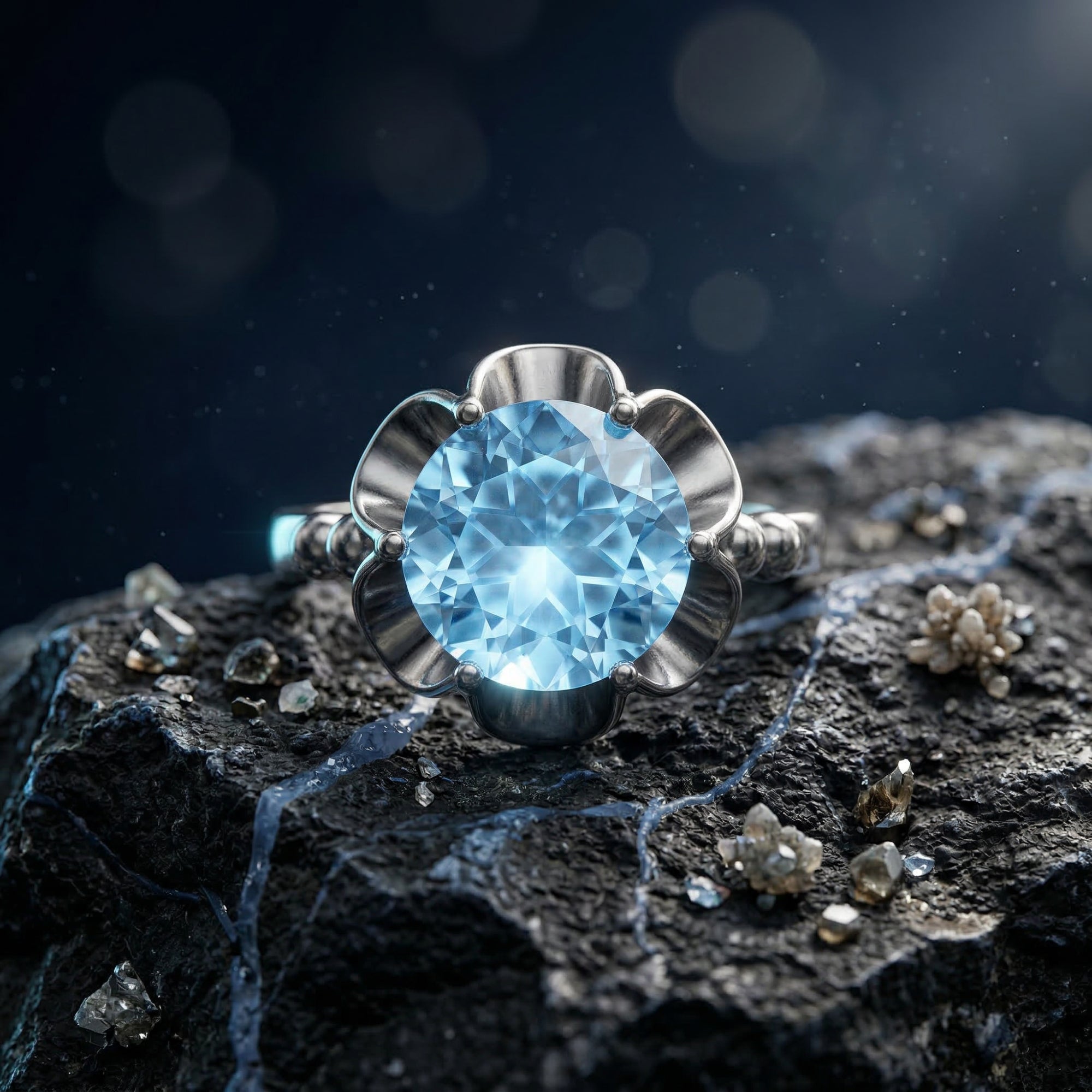 Macro view of a round cut natural blue topaz in a sterling silver floral solitaire setting.
