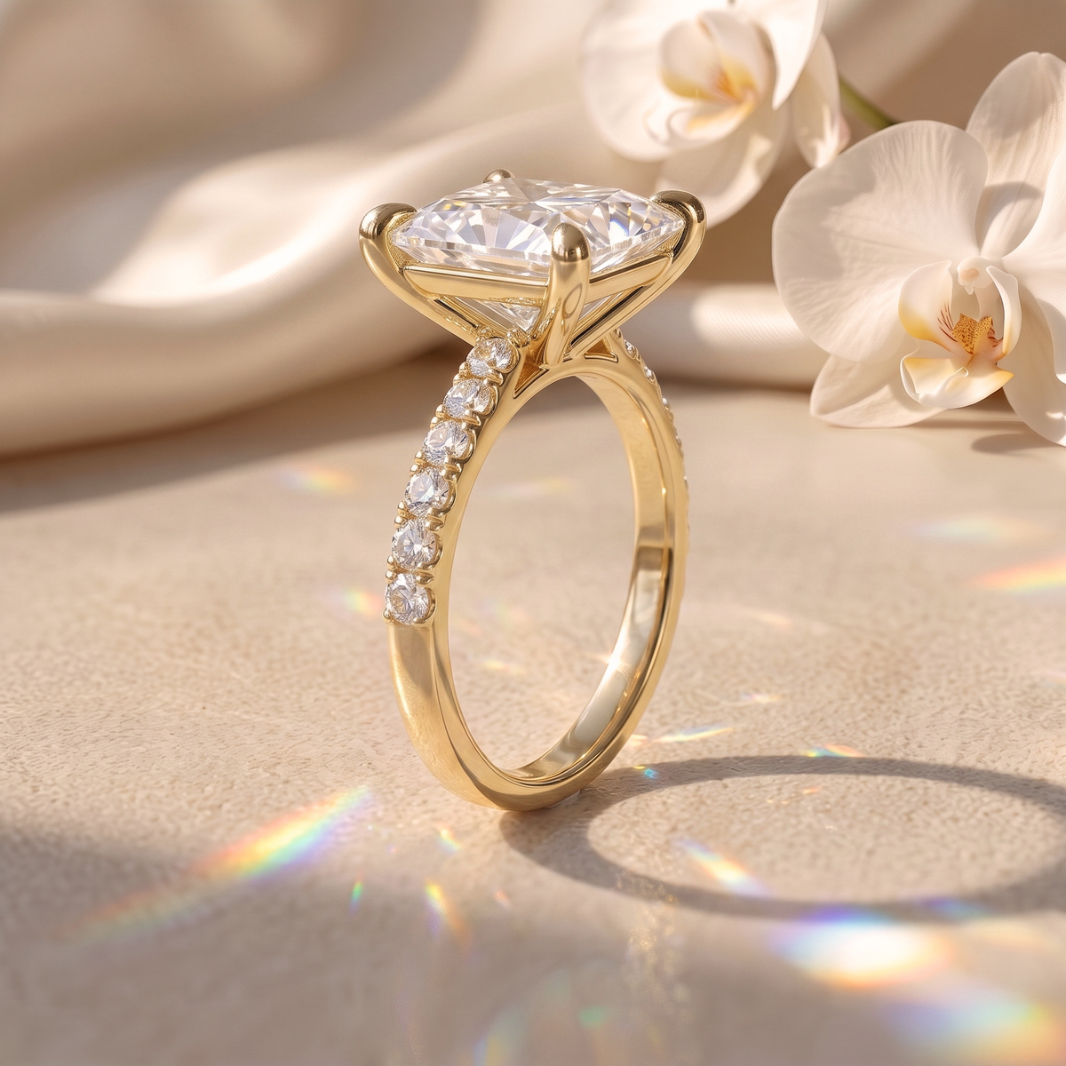 Close-up profile view of a gold-toned princess-cut pavé ring with a high basket setting.
