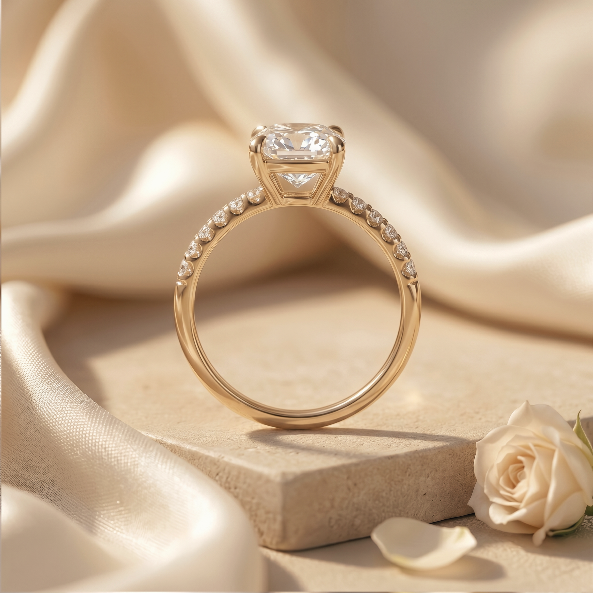 A side profile view of the yellow gold cushion-cut moissanite engagement ring showcasing its intricate basket setting and pavé-lined band.