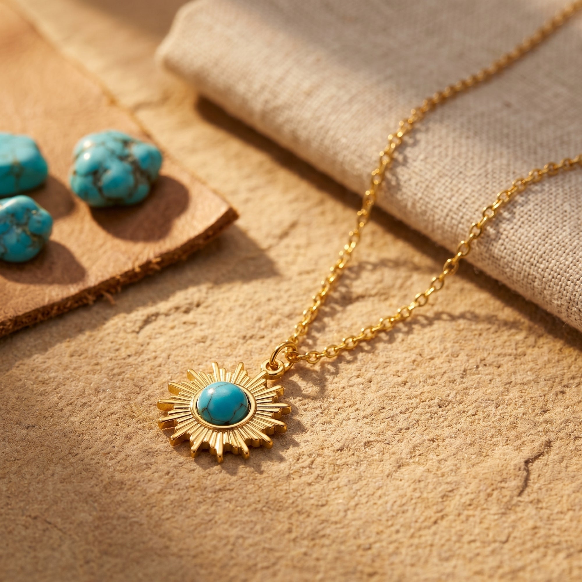 Detail shot of the gold sunburst pendant featuring a round turquoise stone on a sandy background.