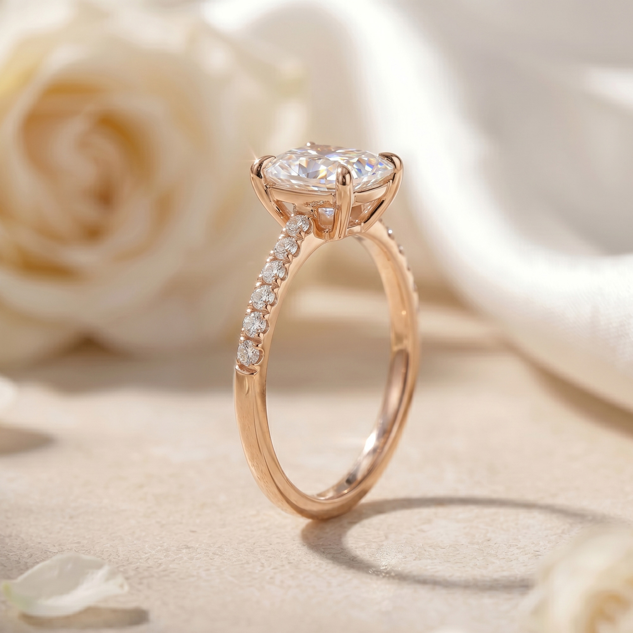 A profile view of a cushion-cut moissanite engagement ring in rose gold highlighting the hidden halo and pavé band details.