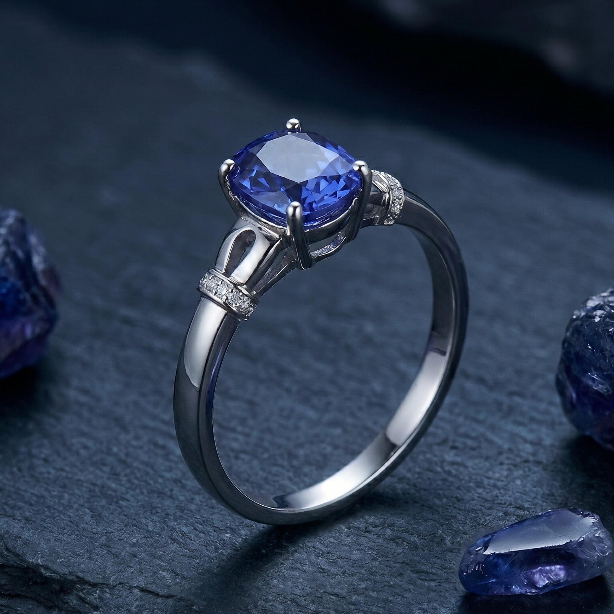 Macro detail of an oval natural tanzanite gemstone and diamond accents on an 18K white gold band.