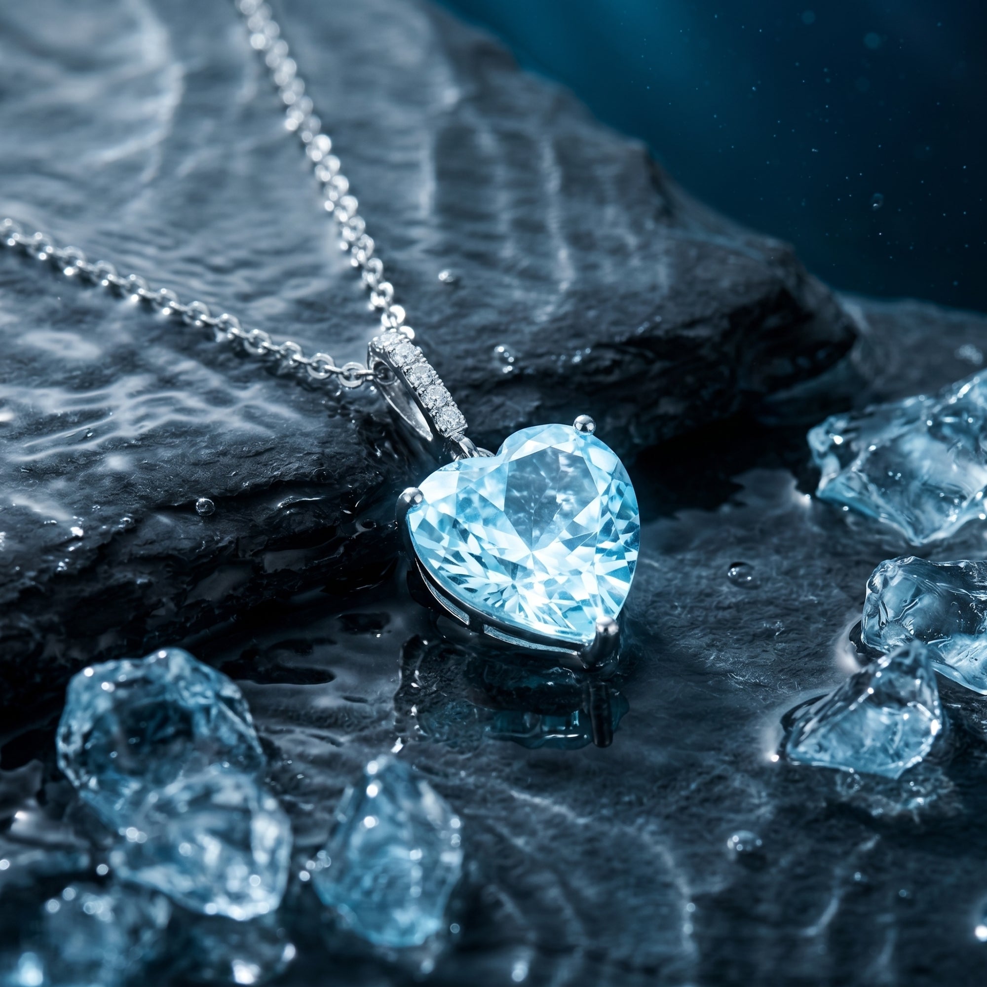 Macro view of a heart cut aquamarine pendant in platinum resting on wet dark stone surrounded by ice crystals.