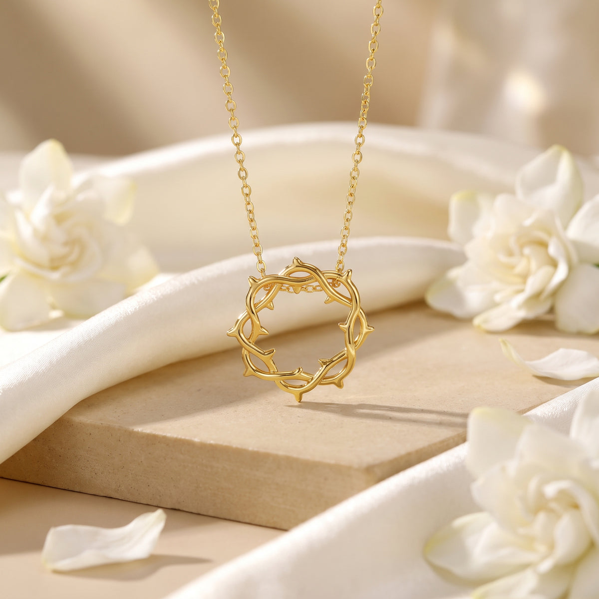 Gold crown of thorns pendant suspended above a stone pedestal with white flowers around.
