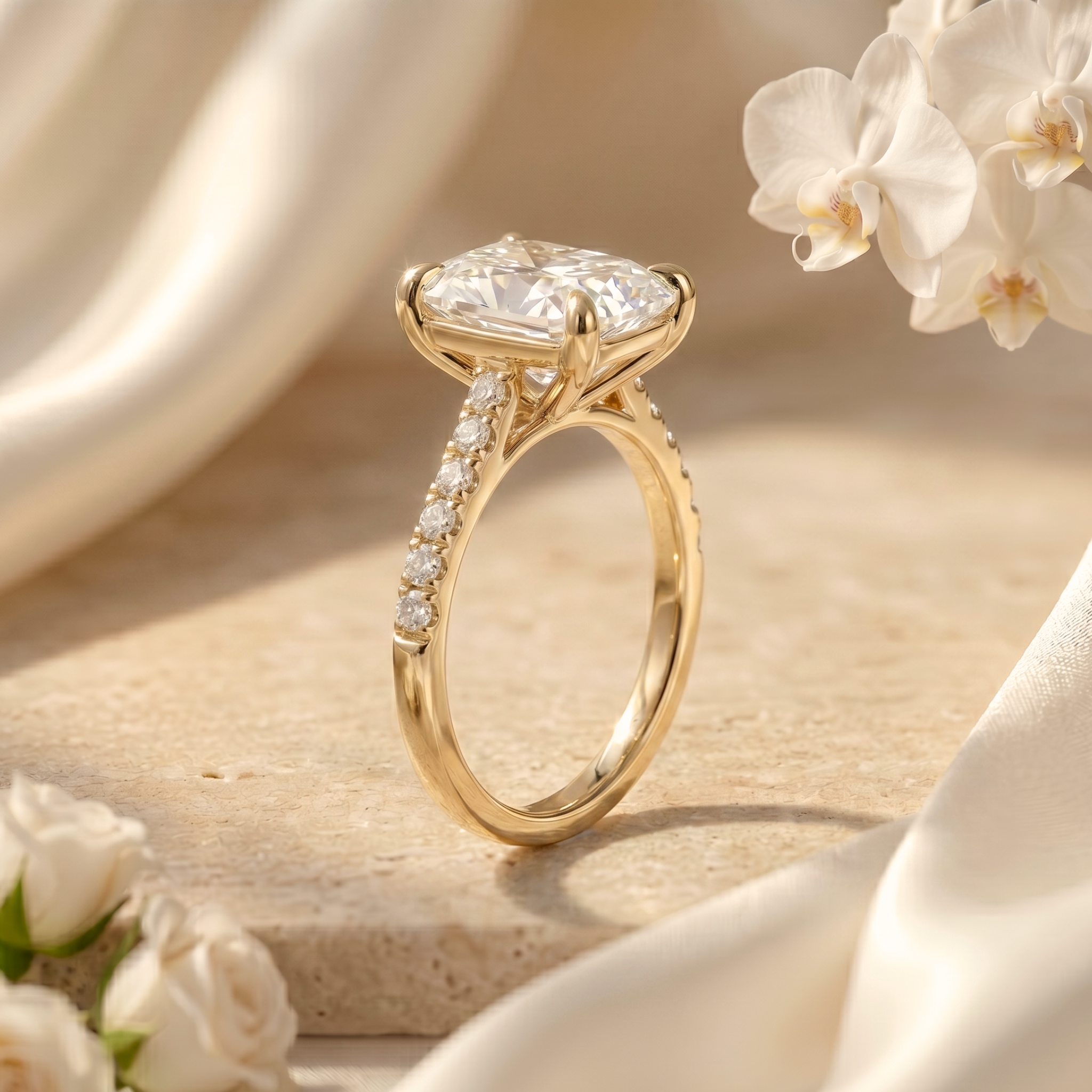 A side profile view of a yellow gold cushion cut moissanite engagement ring, showcasing the elegant hidden halo and prong setting on a pavé band.