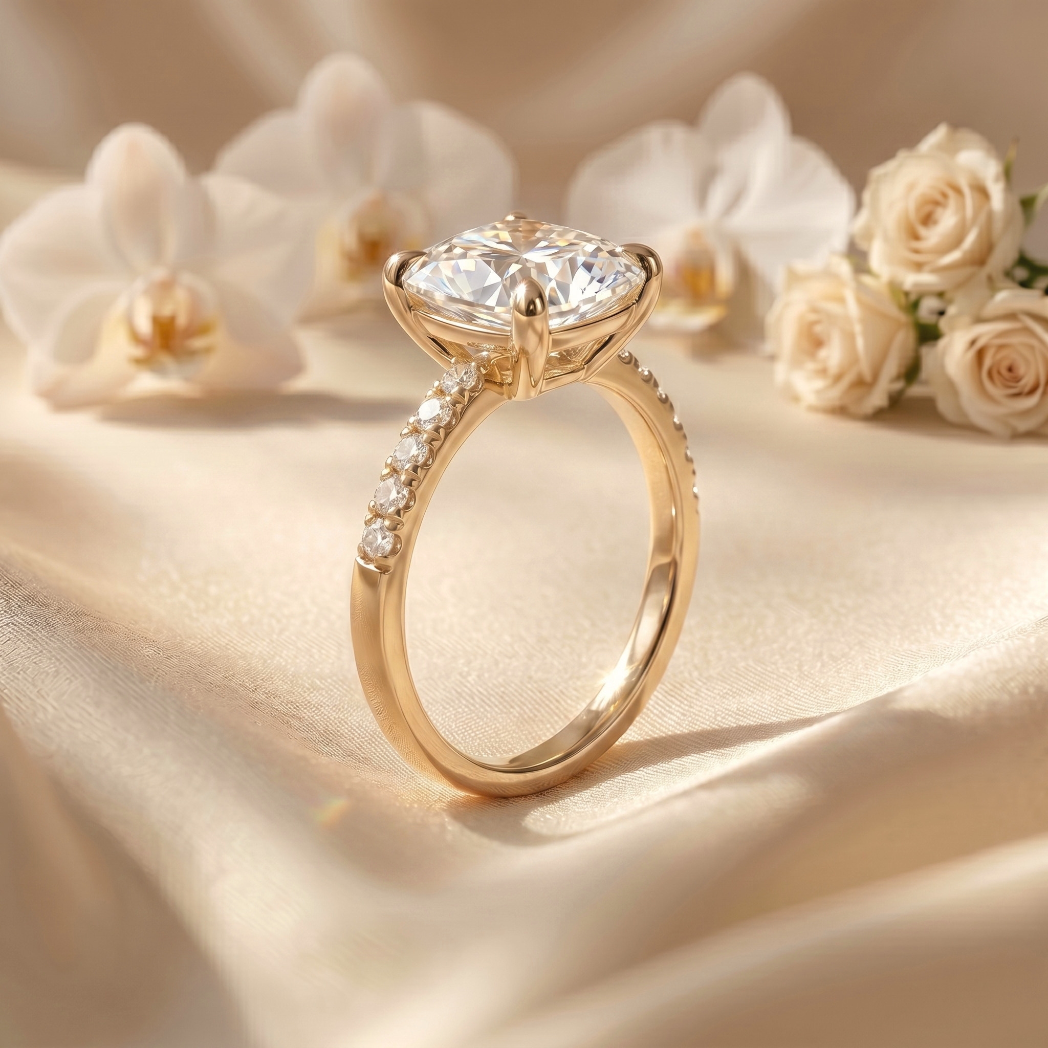 A detailed side-profile view of a yellow gold cushion-cut moissanite engagement ring showcasing its high-set basket and pavé diamond band.