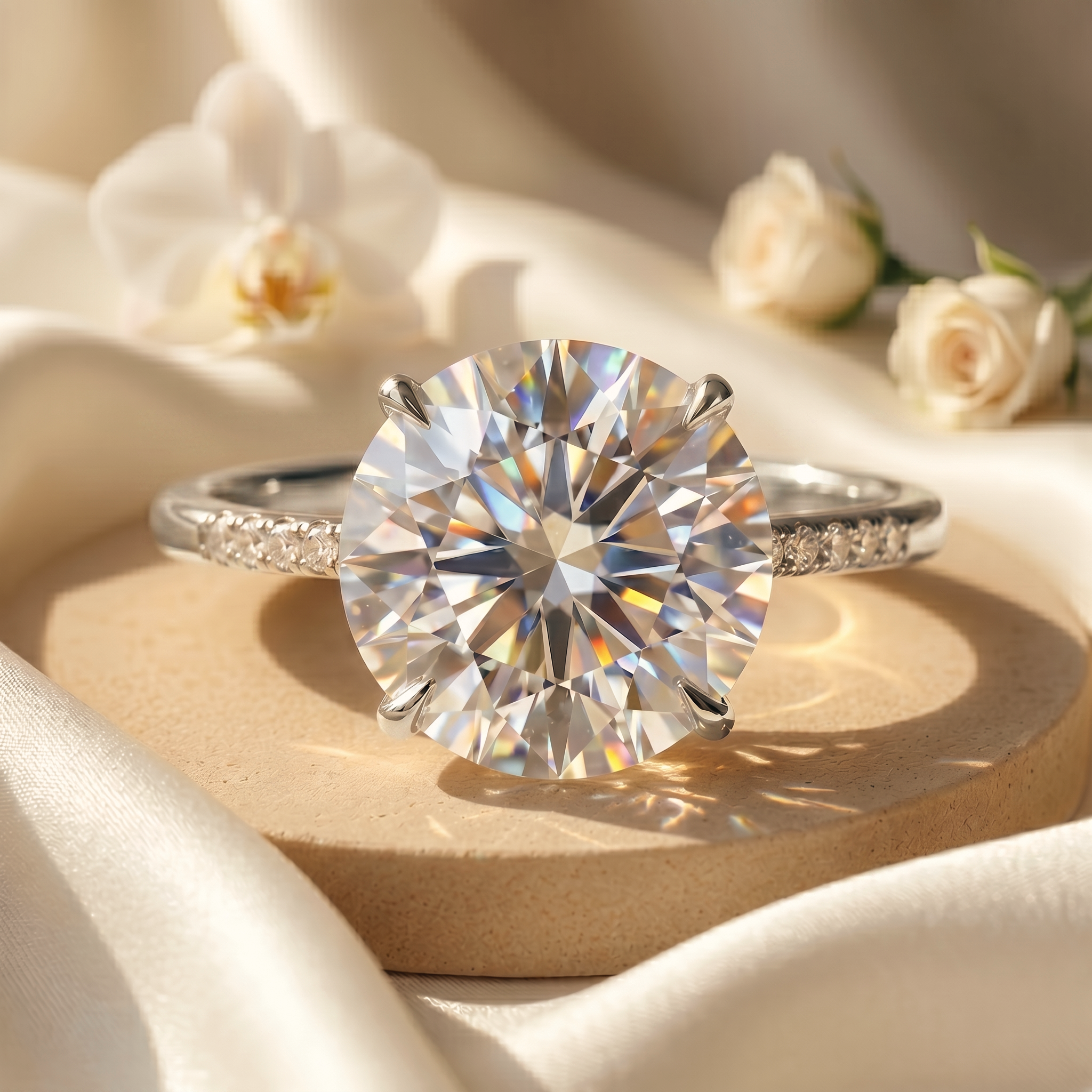 A brilliant round-cut moissanite solitaire engagement ring with a pavé band in white gold, resting on a neutral stone platform.