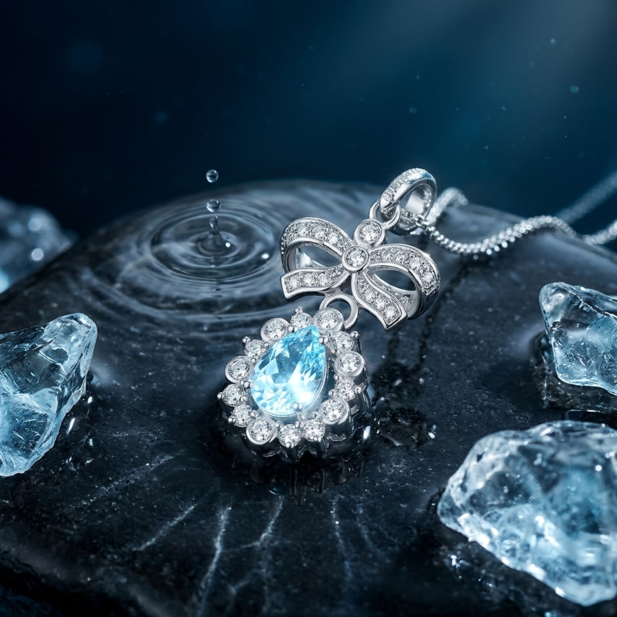 Close-up of a silver pear cut aquamarine pendant featuring a halo setting and an intricate sparkling bow detail.