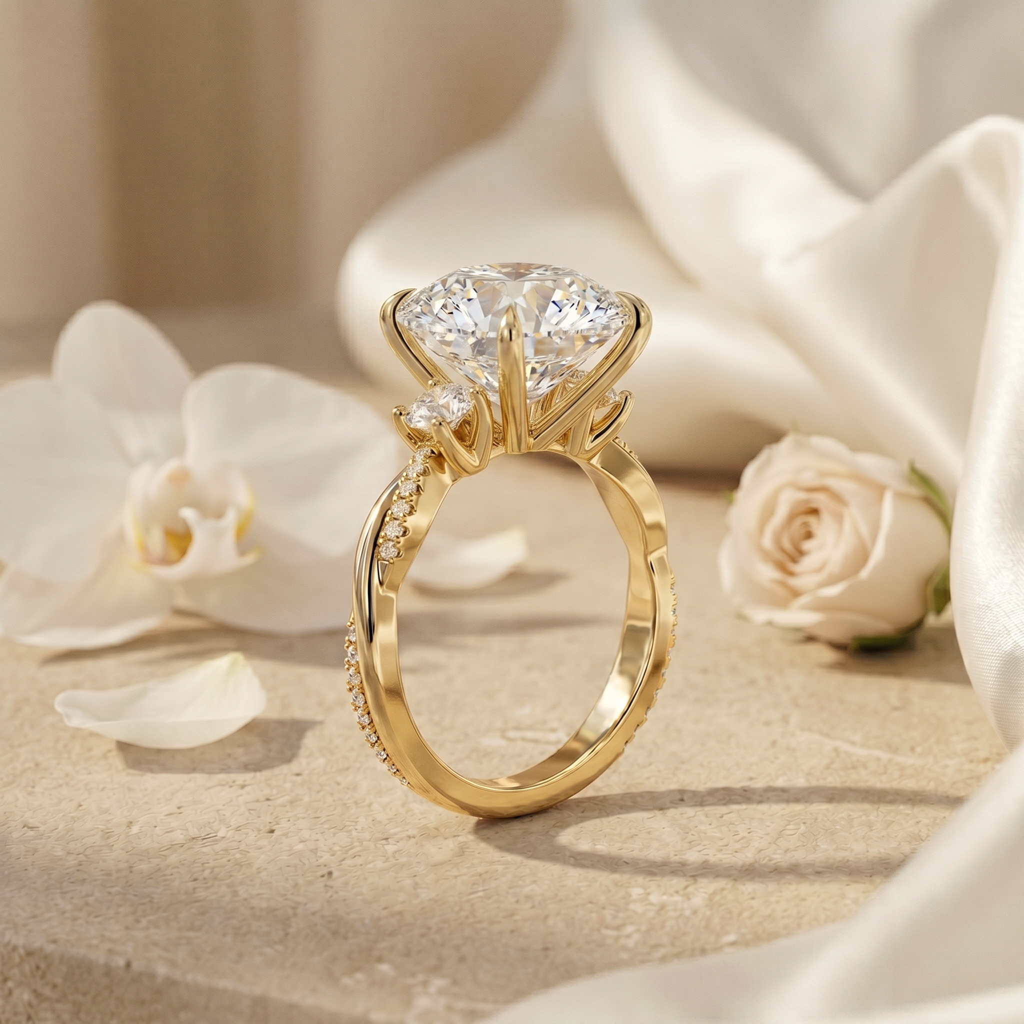 A detailed profile view of a round-cut yellow gold moissanite engagement ring with a twisted band.