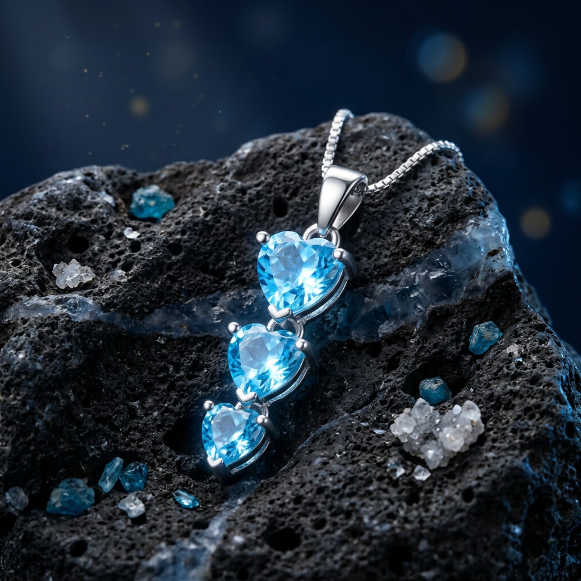 Close-up of three heart cut blue topaz gemstones in a silver pendant setting on a textured rock.