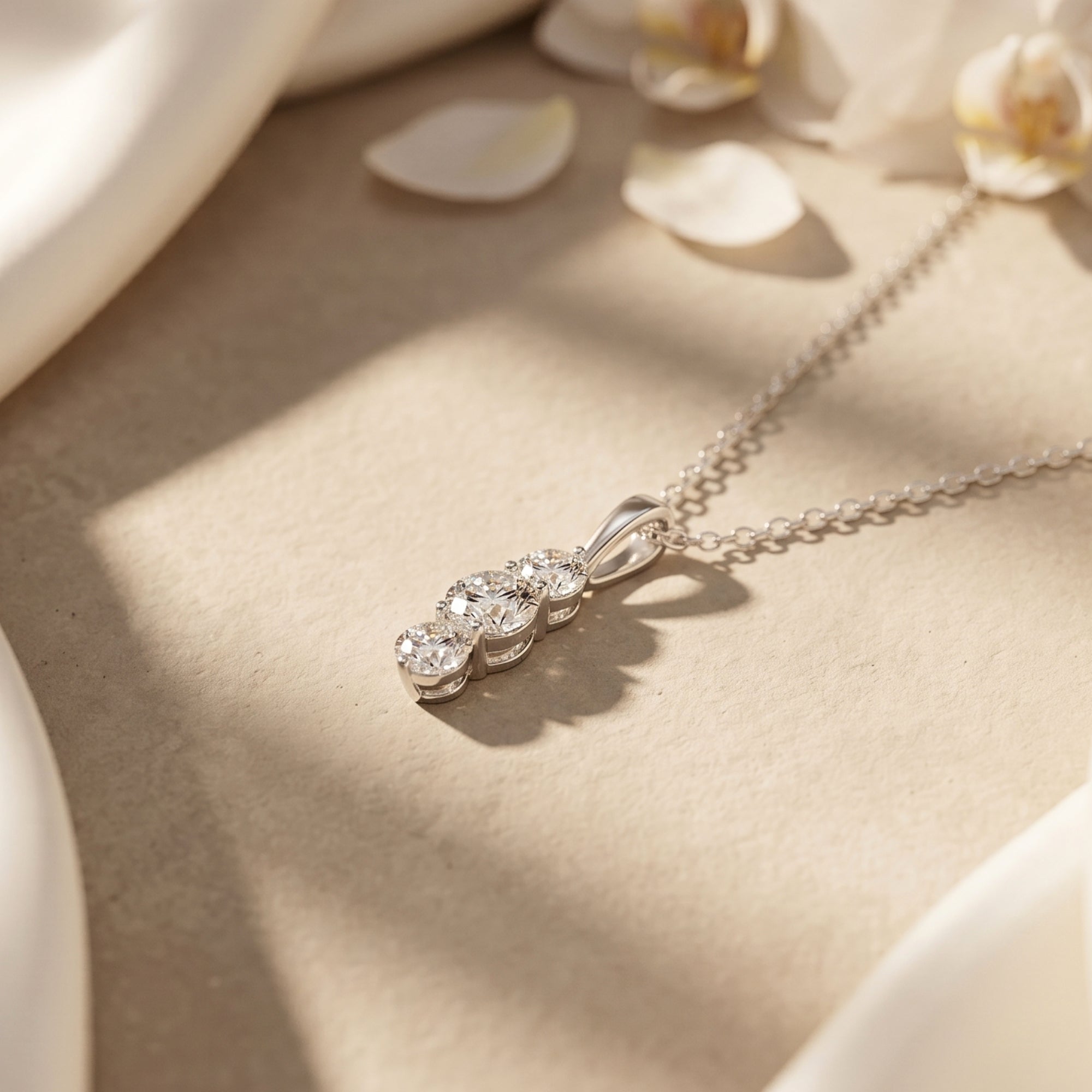 Silver Larisa moissanite pendant with three round stones in a close-up lifestyle view.