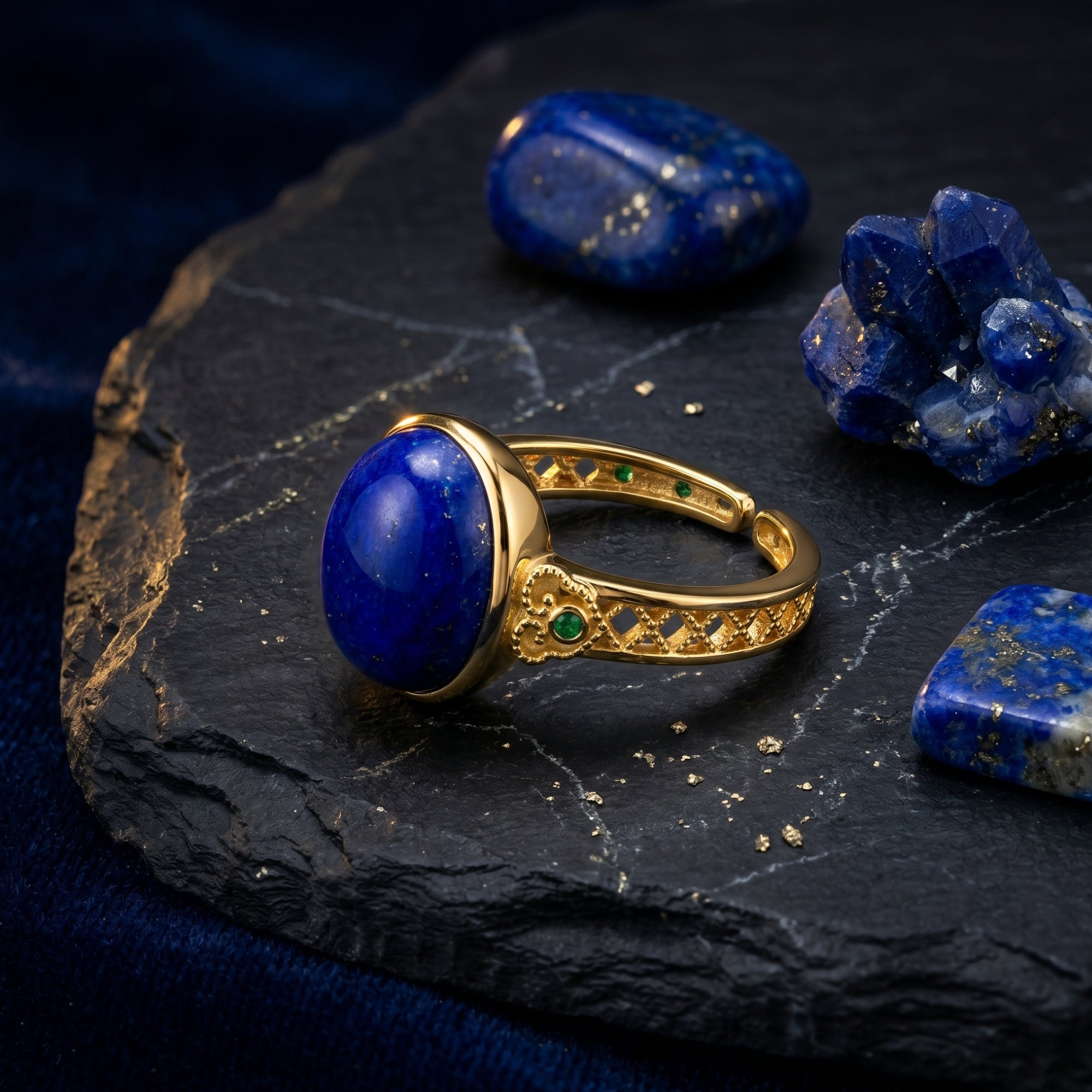 Side view of the adjustable yellow gold lapis lazuli ring showing the filigree band and green accent stones.