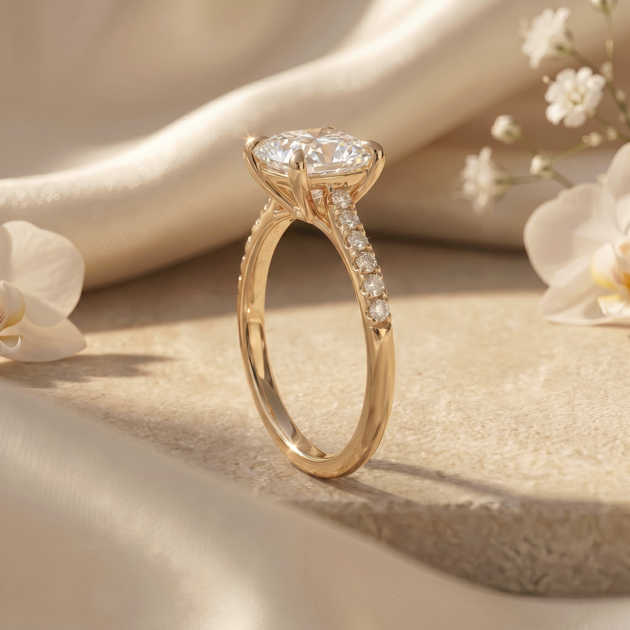Side profile view of a yellow gold cushion cut moissanite ring showing the pavé set band and prong details.