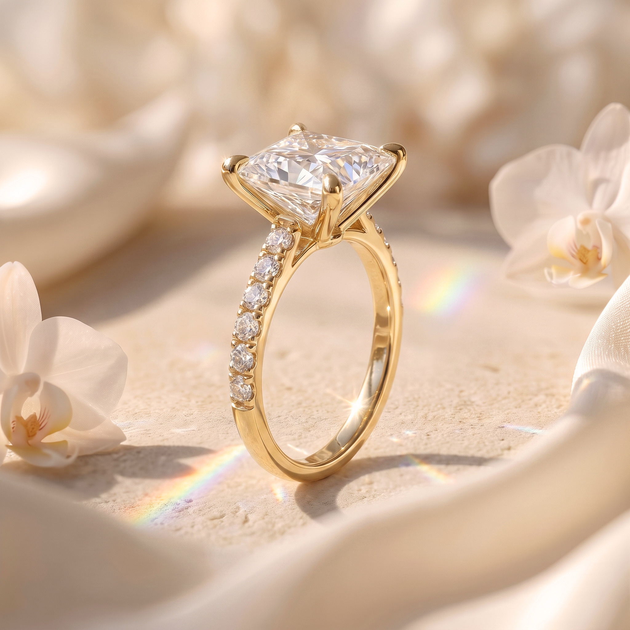 A side profile view of a princess-cut yellow gold moissanite engagement ring showing the intricate setting and pavé band.