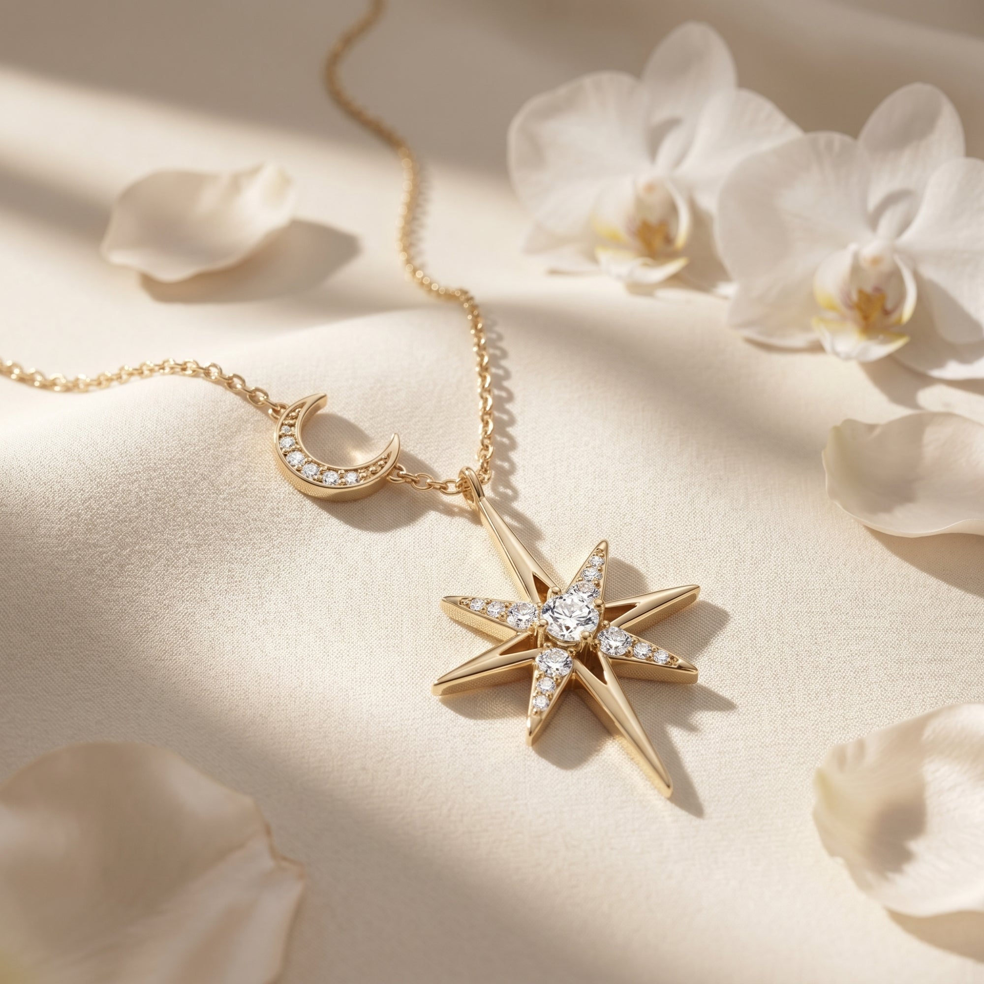 Macro view of the gold vermeil starburst and crescent moon pendant with a round cut moissanite center.