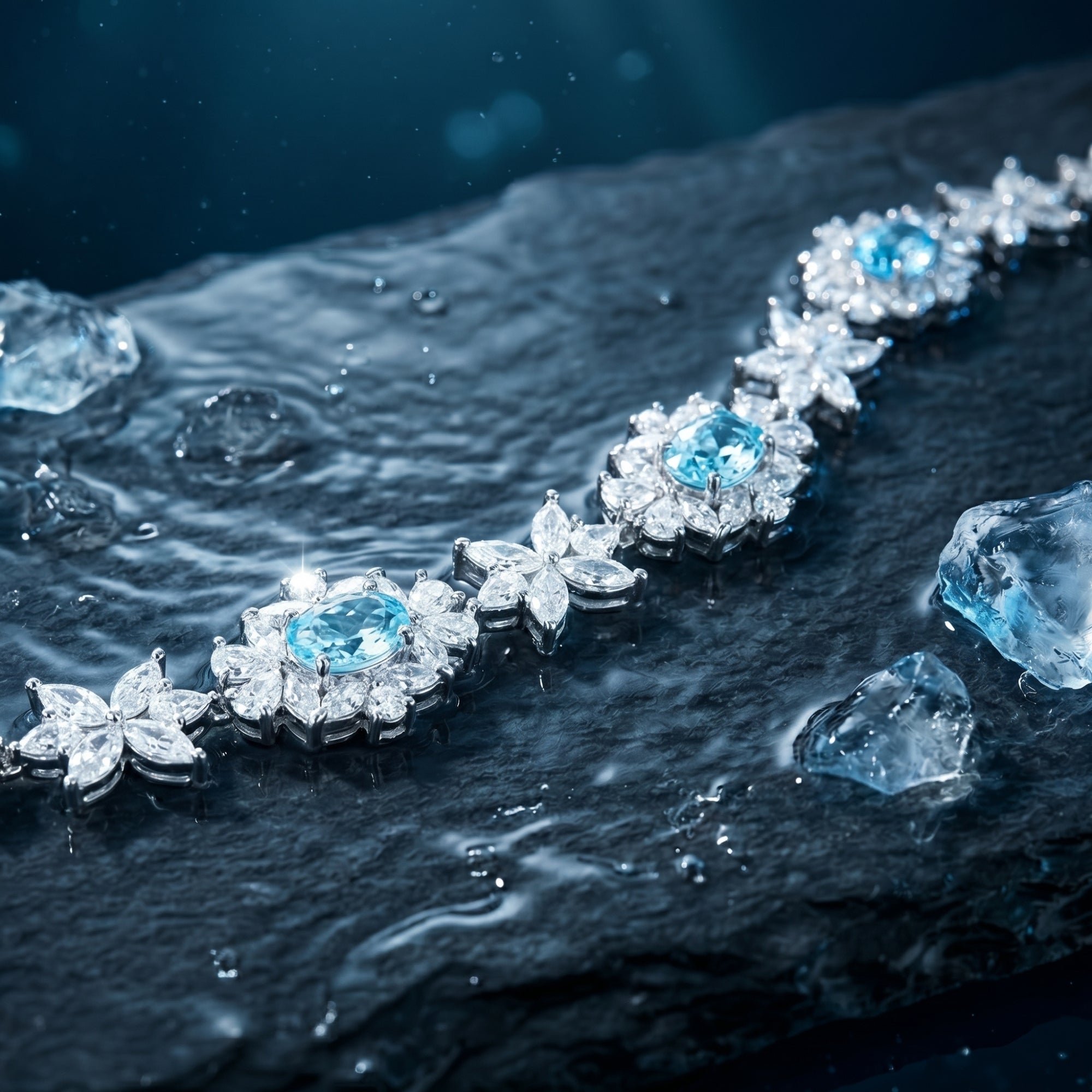 Macro view of oval-cut aquamarine stones and marquise accents on a silver station bracelet.