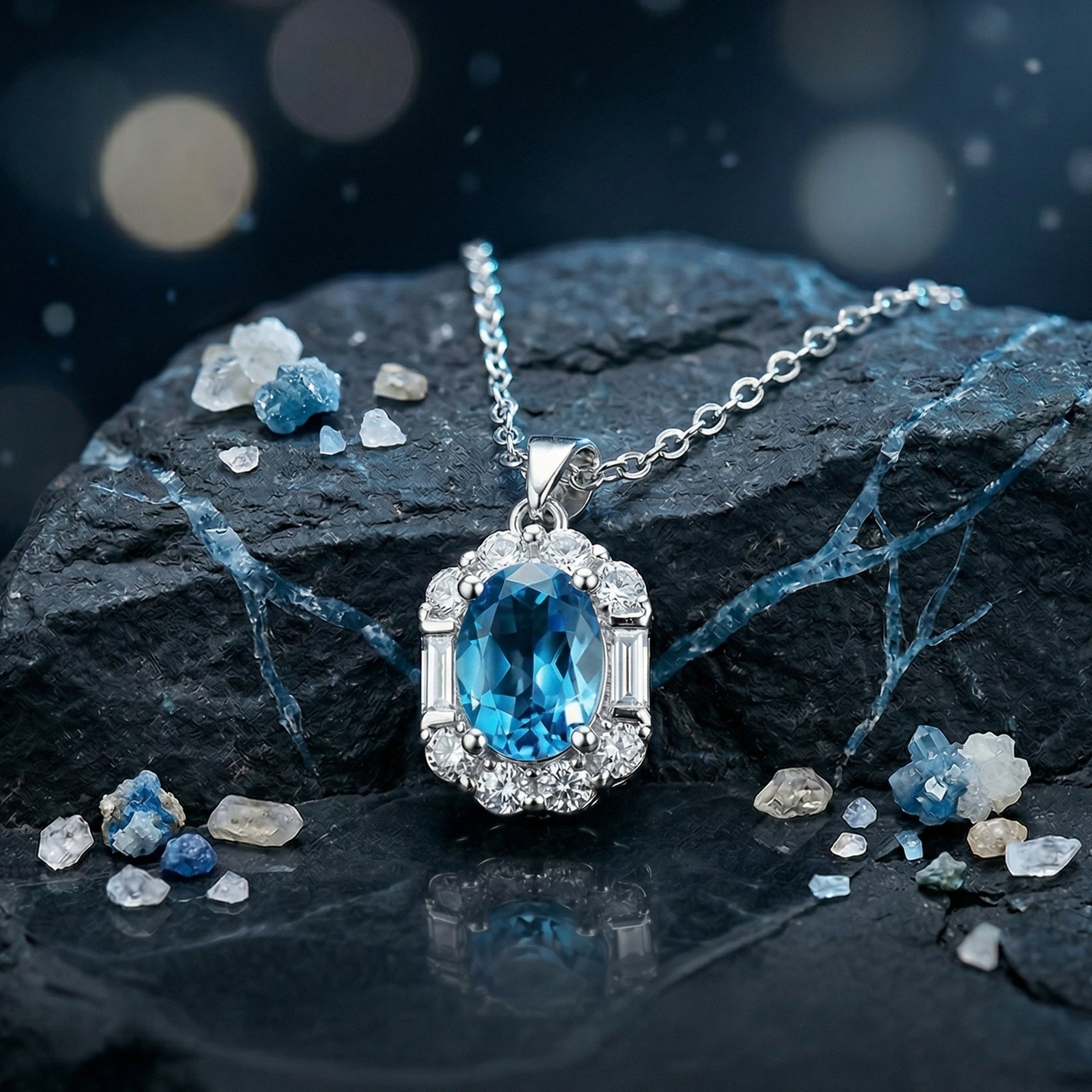 Macro view of the oval blue topaz pendant with a diamond halo and silver chain on a dark stone background.