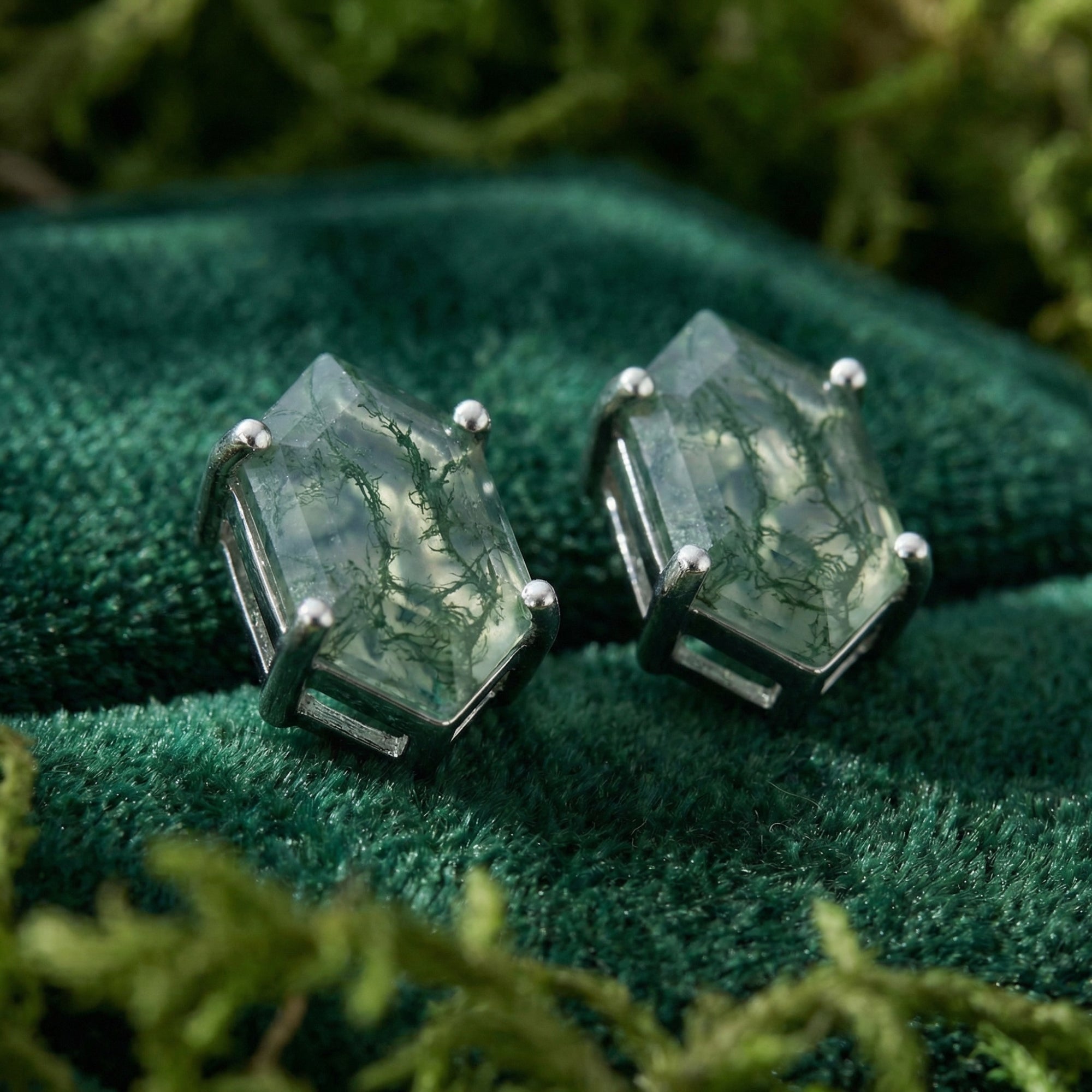 Coffin Cut Natural Moss Agate Stud Earrings - S925 Sterling Silver