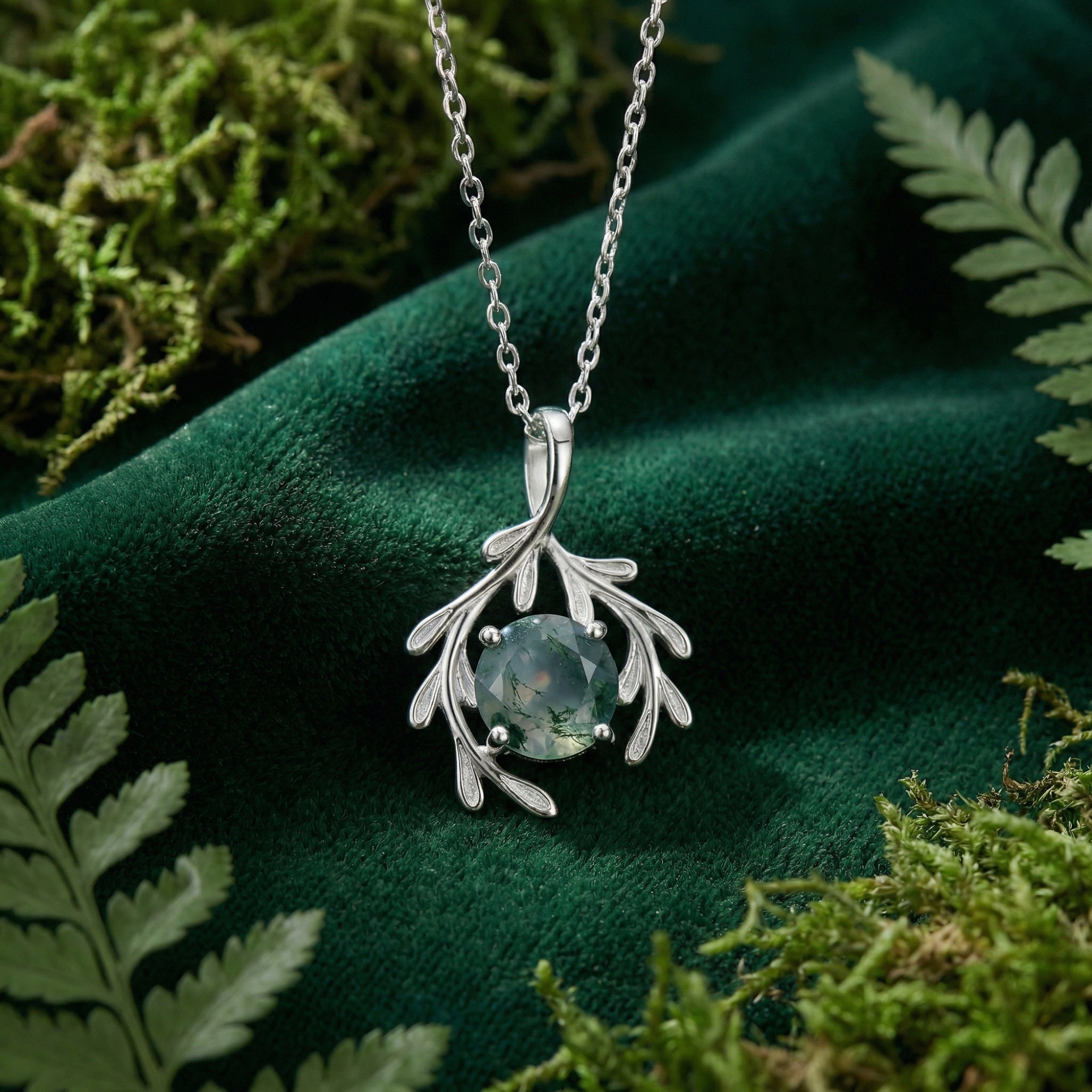 Botanical Embrace Natural Moss Agate Pendant Necklace - S925 Sterling Silver